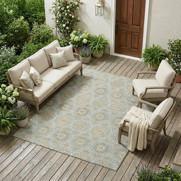 8' X 10' Blue And Ivory Floral Medallion Washable Indoor Outdoor Area Rug Homeroots Outdoor