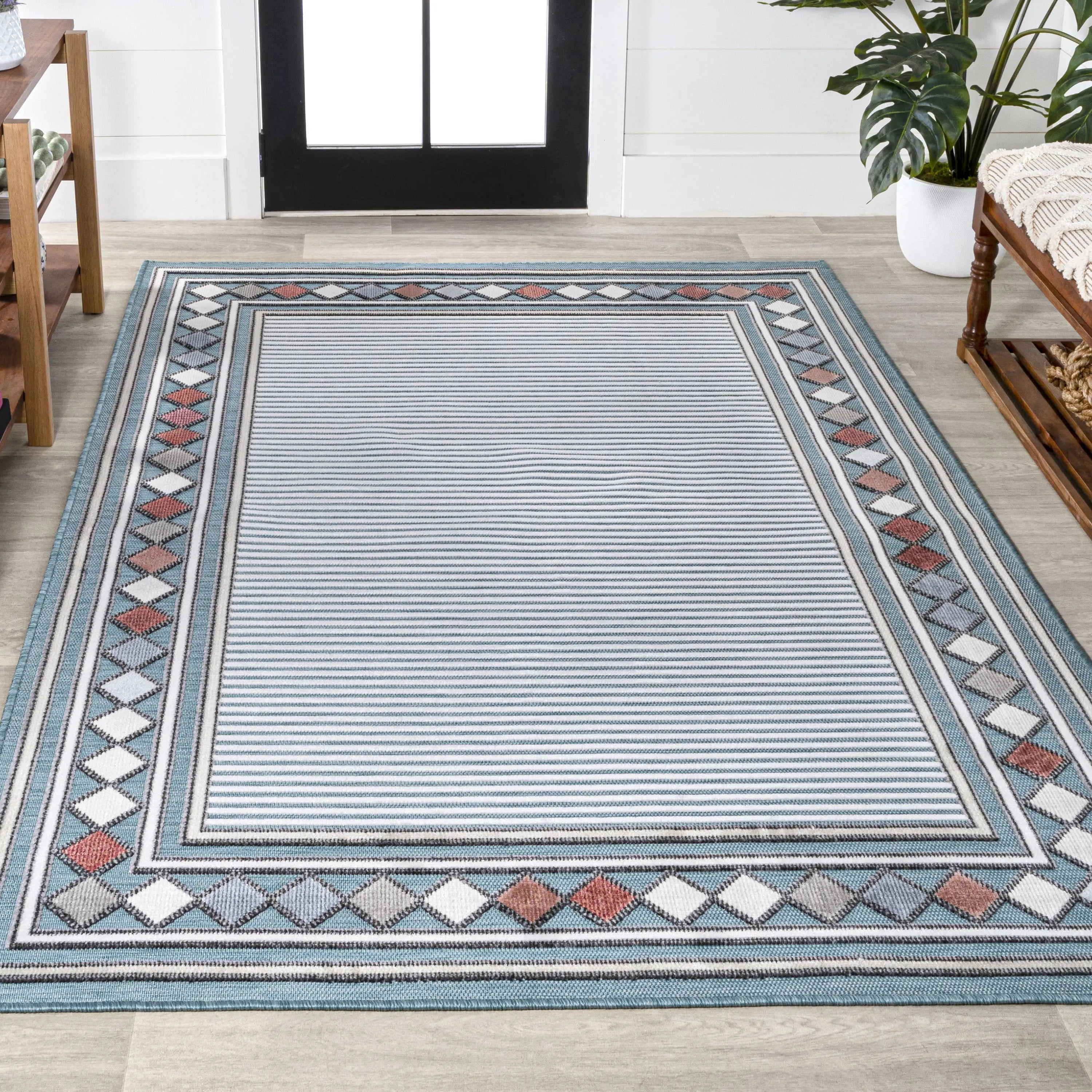 8' X 10' Blue And Ivory Geometric Indoor Outdoor Area Rug Homeroots Outdoor