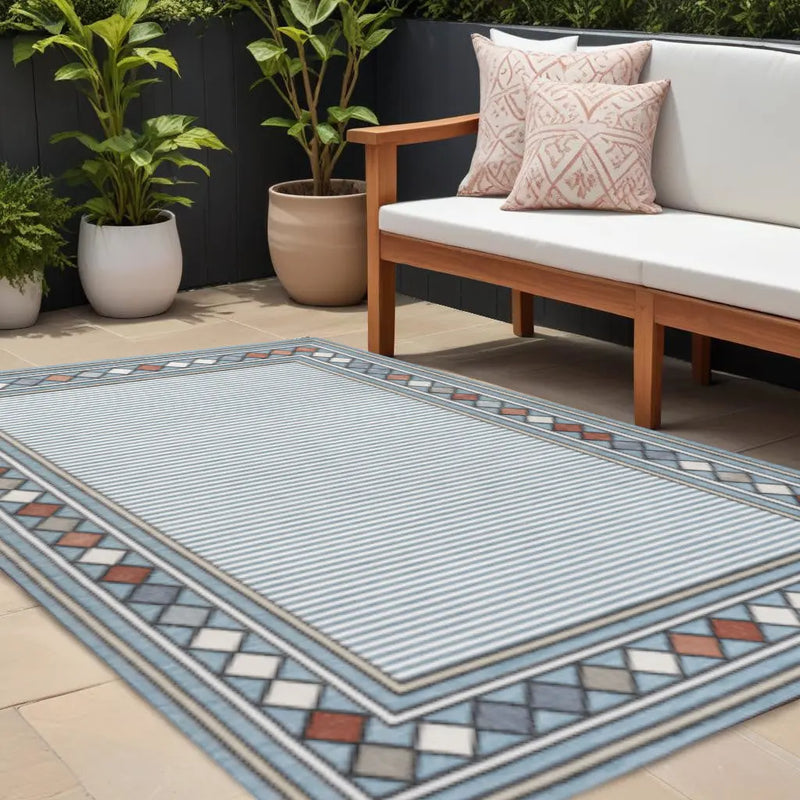 8' X 10' Blue And Ivory Geometric Indoor Outdoor Area Rug Homeroots Outdoor