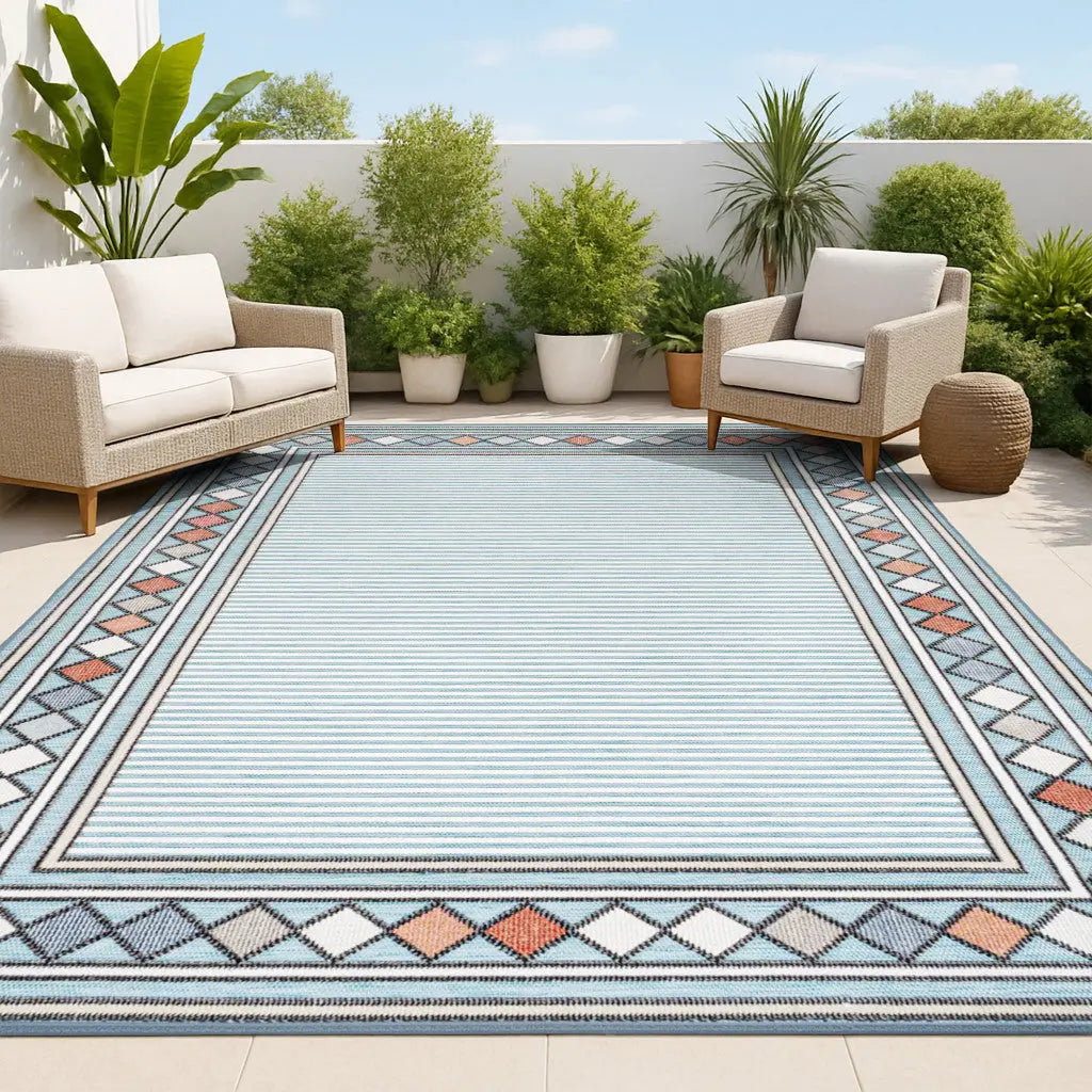 8' X 10' Blue And Ivory Geometric Indoor Outdoor Area Rug Homeroots Outdoor