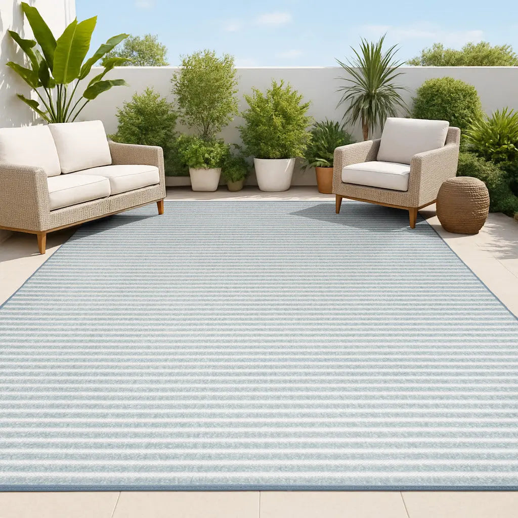 8' X 10' Blue And Ivory Striped Indoor Outdoor Area Rug - GreatEagleInc