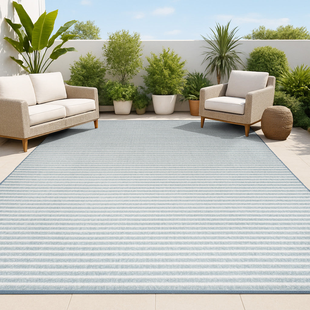 8' X 10' Blue And Ivory Striped Indoor Outdoor Area Rug - GreatEagleInc