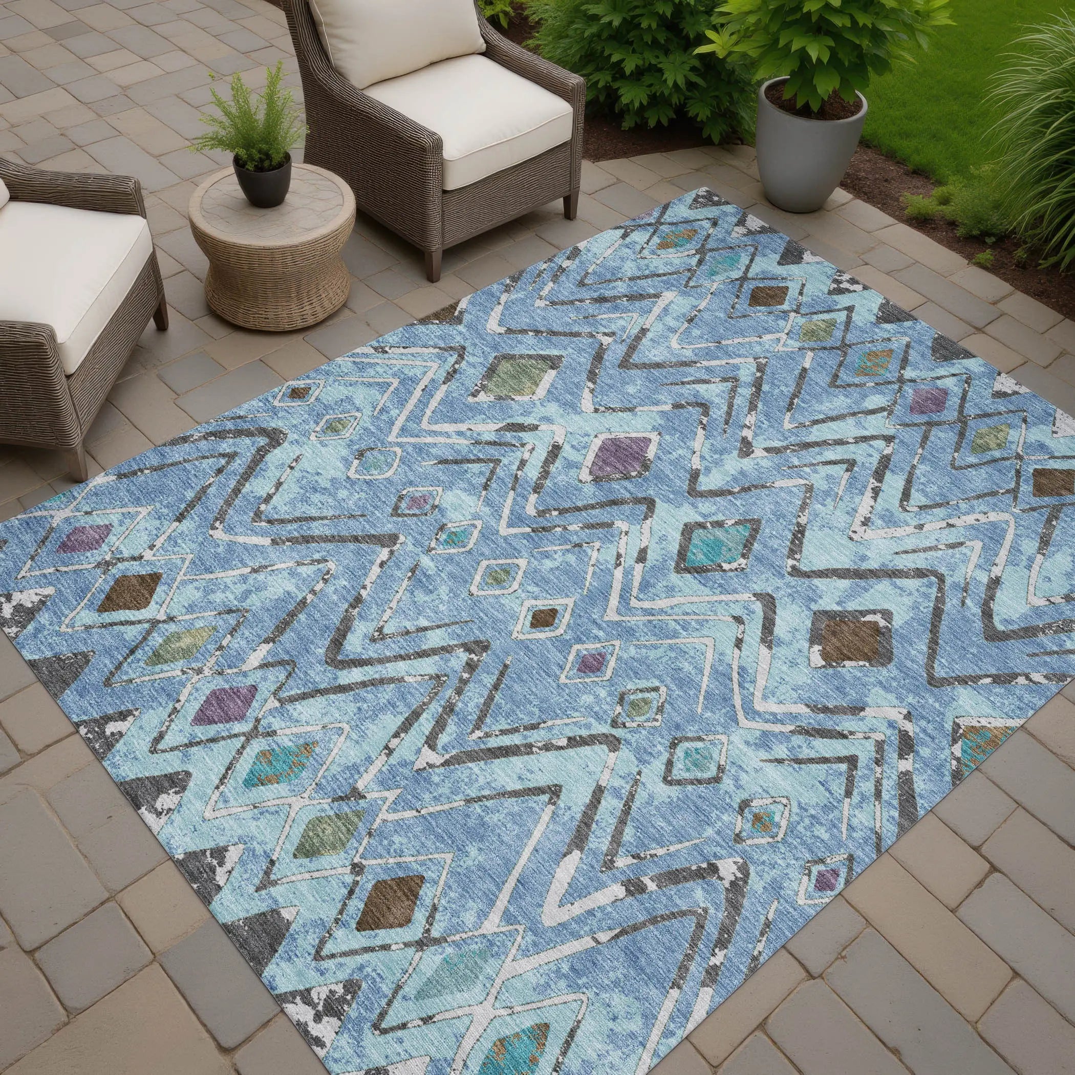8' X 10' Blue And Khaki Geometric Washable Indoor Outdoor Area Rug Homeroots Outdoor