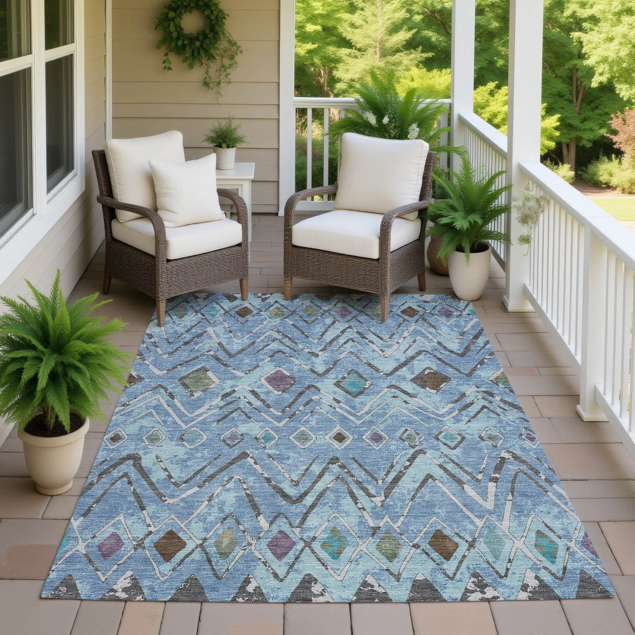 8' X 10' Blue And Khaki Geometric Washable Indoor Outdoor Area Rug Homeroots Outdoor