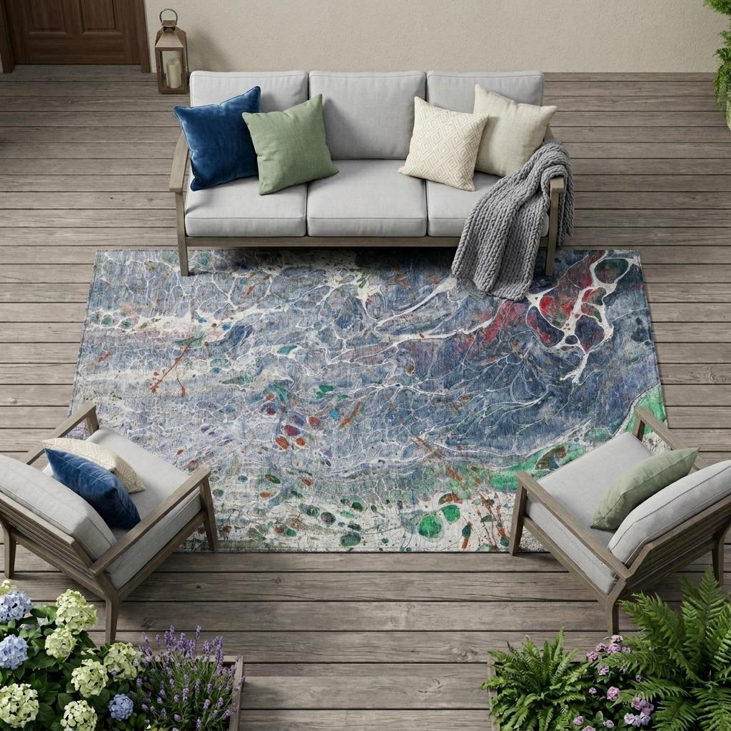 8' X 10' Blue And Pewter Abstract Washable Indoor Outdoor Area Rug Homeroots Outdoor