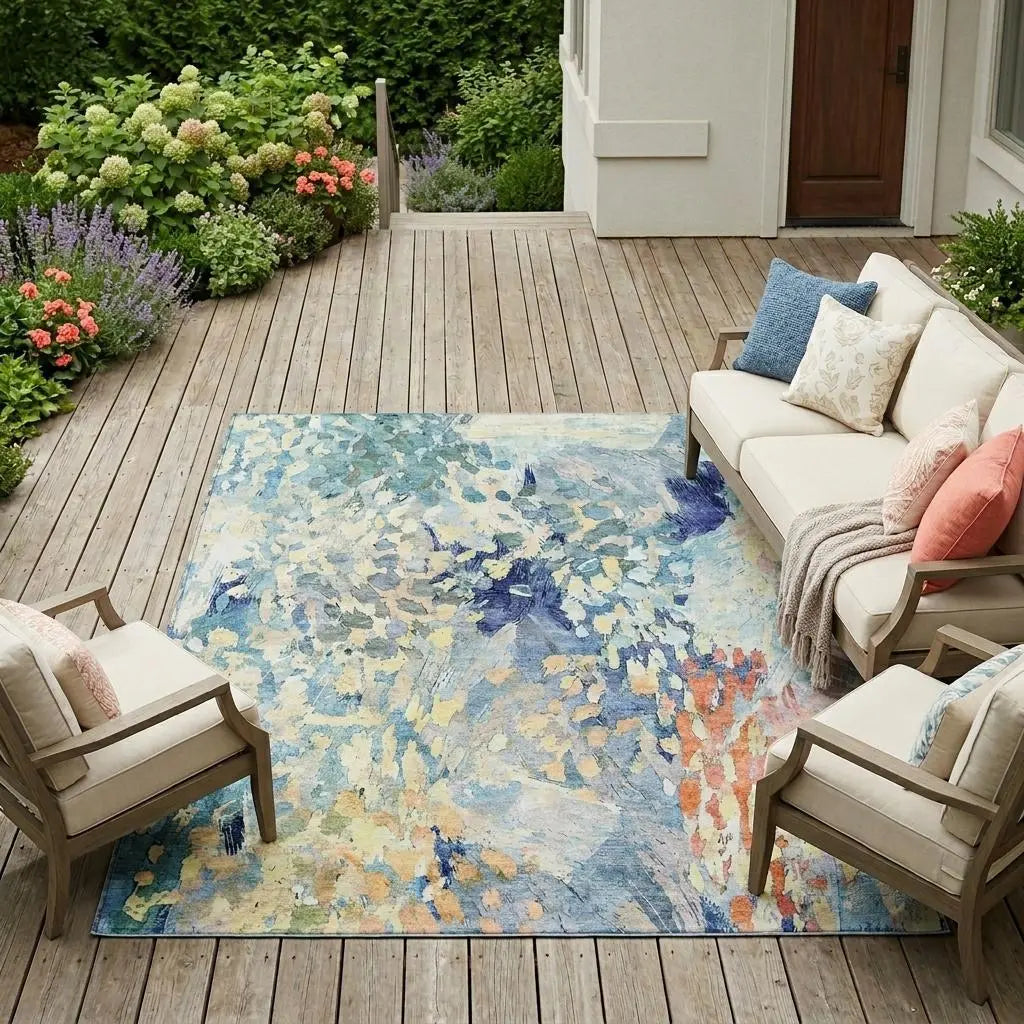 8' X 10' Blue And Pewter Abstract Washable Indoor Outdoor Area Rug Homeroots Outdoor