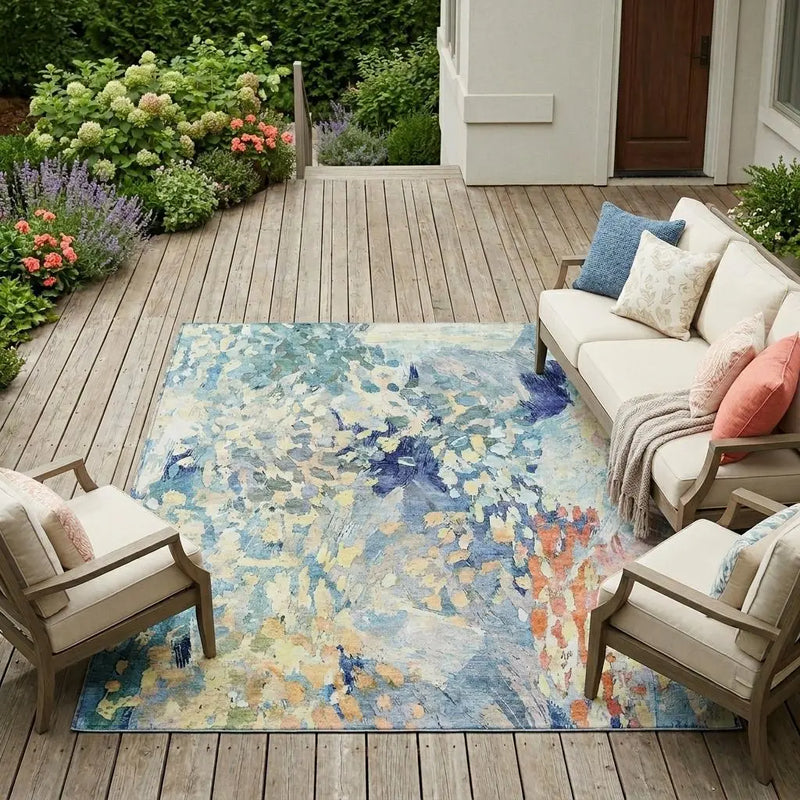 8' X 10' Blue And Pewter Abstract Washable Indoor Outdoor Area Rug Homeroots Outdoor