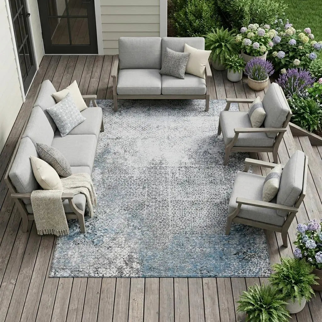 8' X 10' Blue And Pewter Abstract Washable Indoor Outdoor Area Rug Homeroots Outdoor