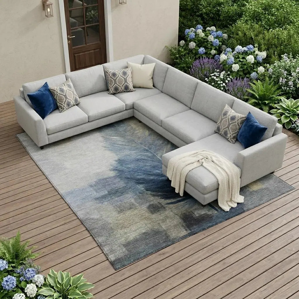 Gray corner sectional sofa with navy and cream throw pillows on a patterned rug, surrounded by greenery and flowers.