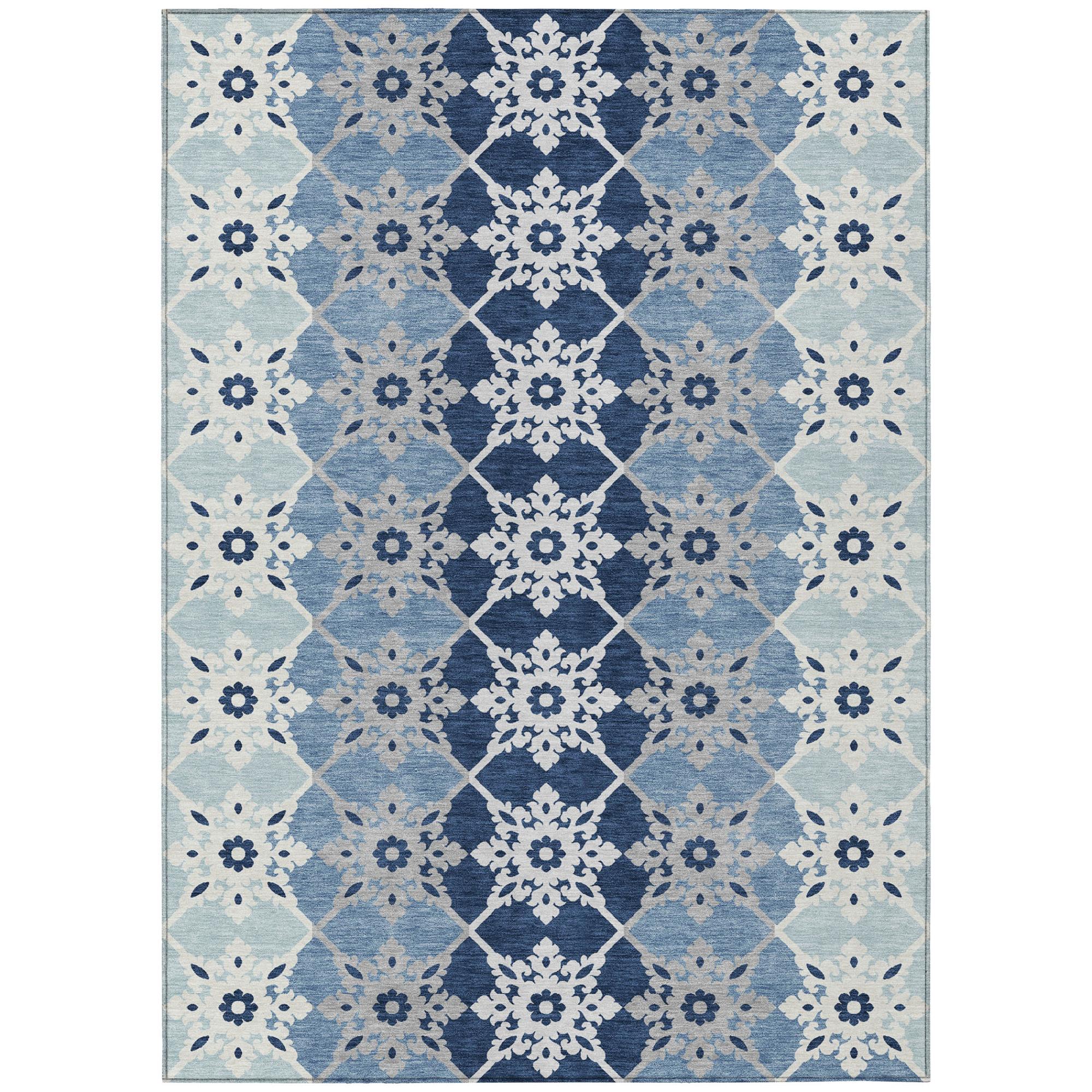 8' X 10' Blue And Pewter Floral Medallion Washable Indoor Outdoor Area Rug Homeroots Outdoor