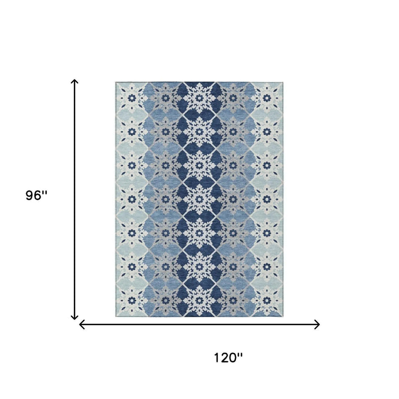 8' X 10' Blue And Pewter Floral Medallion Washable Indoor Outdoor Area Rug Homeroots Outdoor