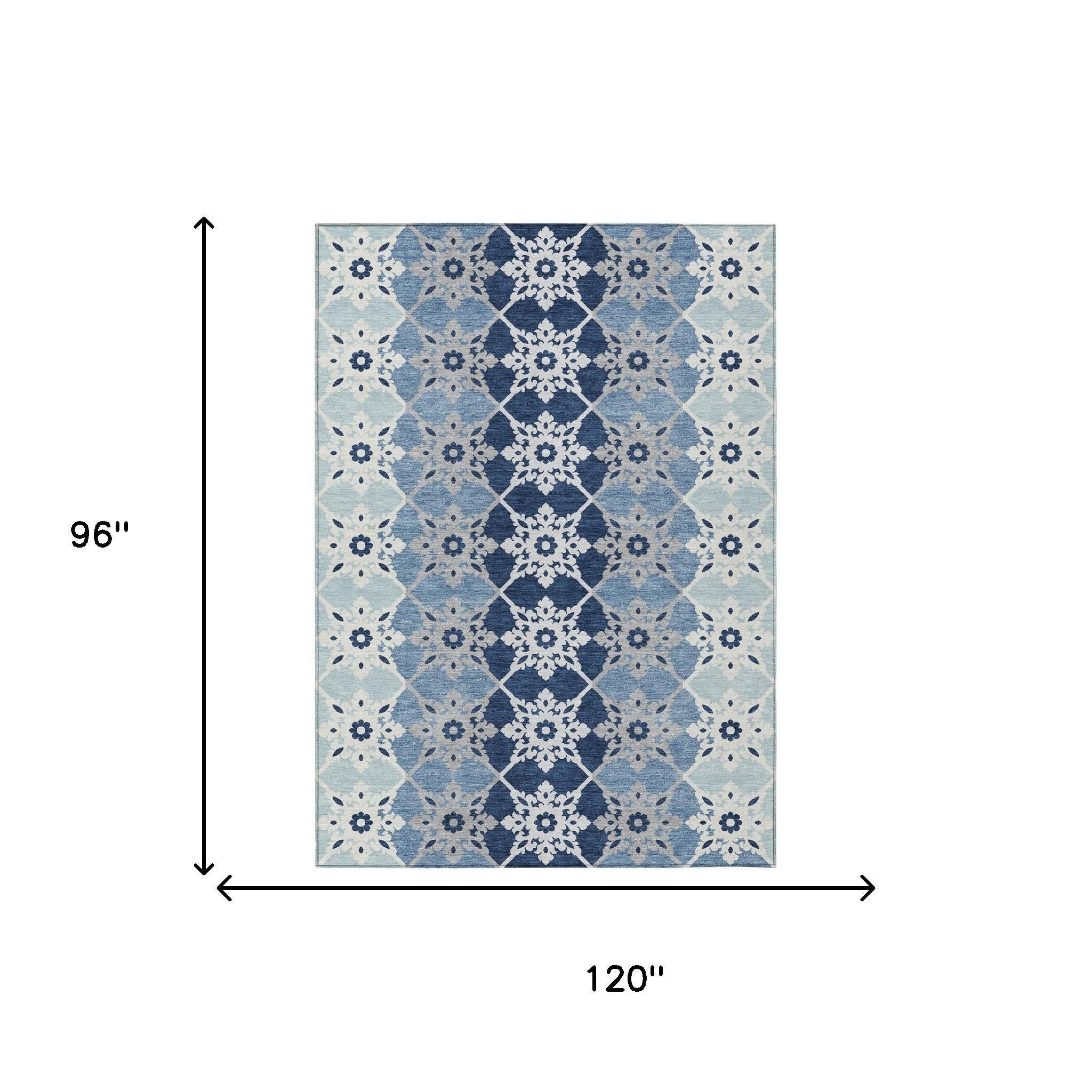 8' X 10' Blue And Pewter Floral Medallion Washable Indoor Outdoor Area Rug Homeroots Outdoor
