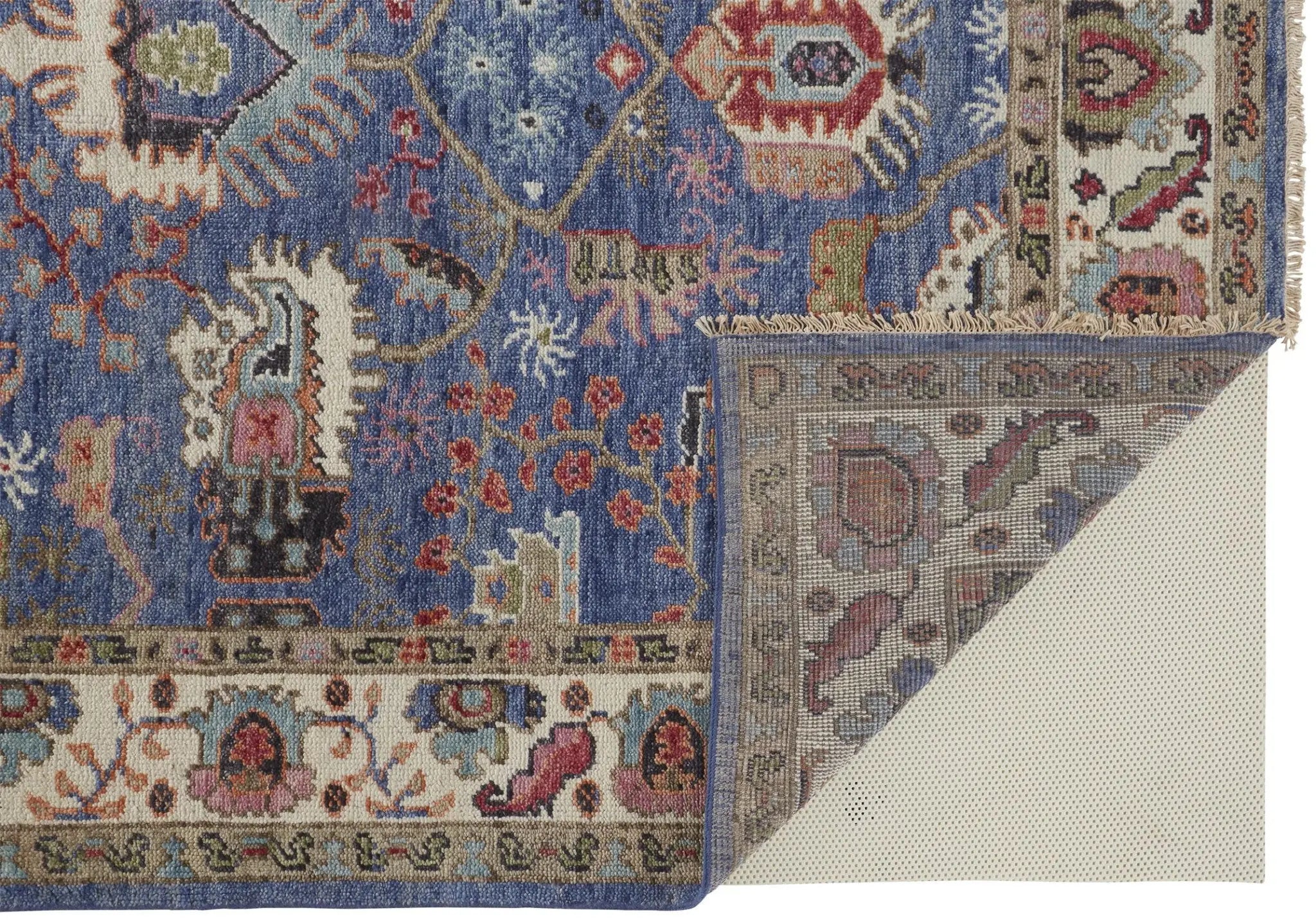 8' X 10' Blue And Red Wool Floral Hand Knotted Stain Resistant Area Rug Homeroots Home Decor