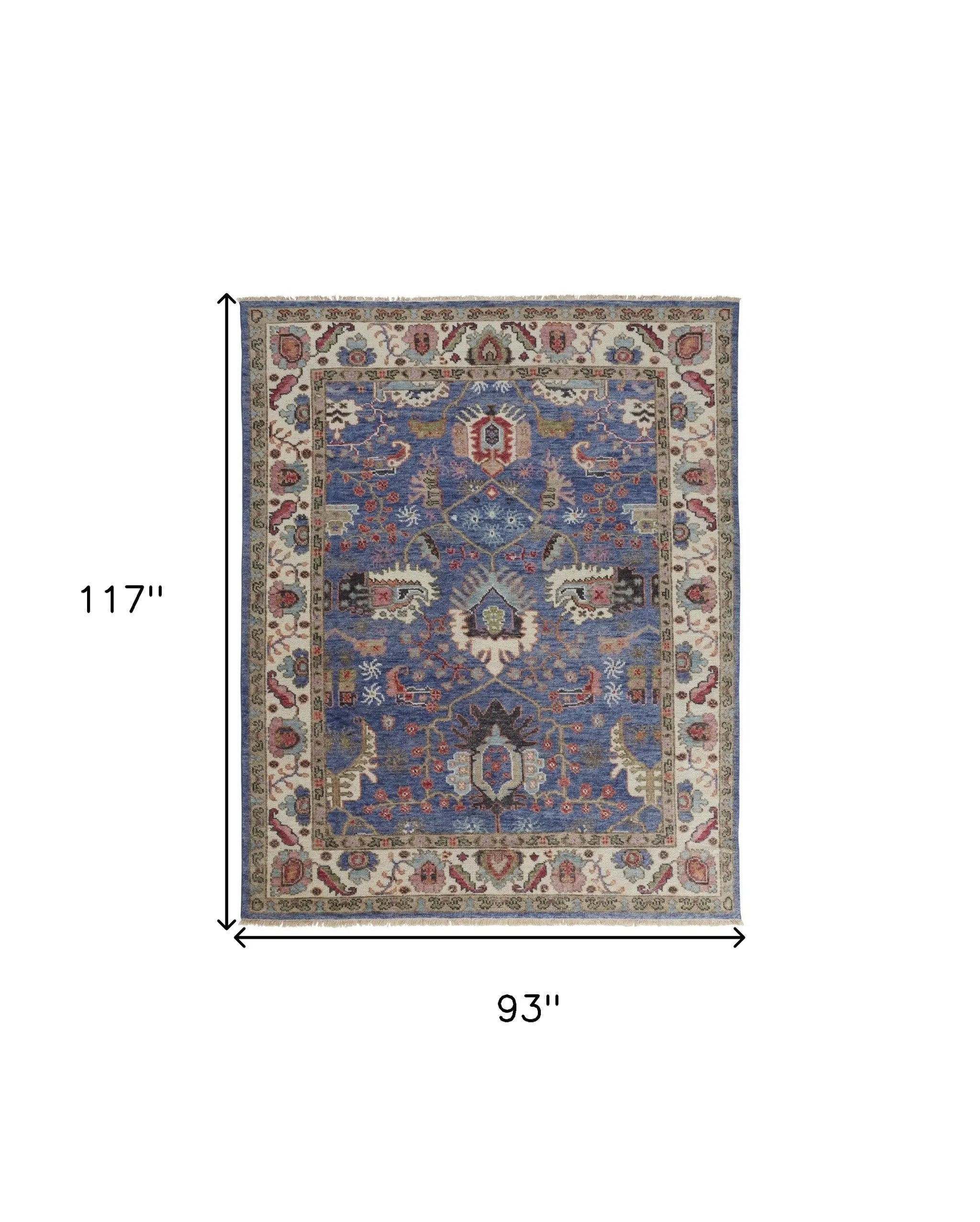 8' X 10' Blue And Red Wool Floral Hand Knotted Stain Resistant Area Rug Homeroots Home Decor