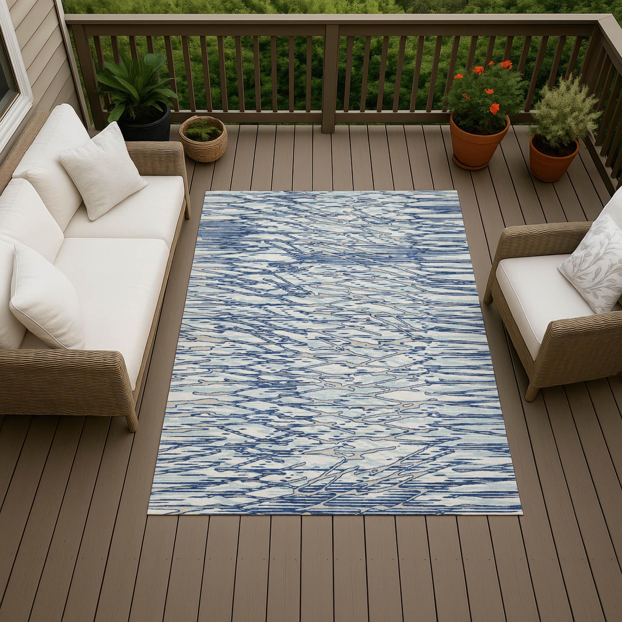 8' X 10' Blue And Silver Abstract Washable Indoor Outdoor Area Rug Homeroots Outdoor