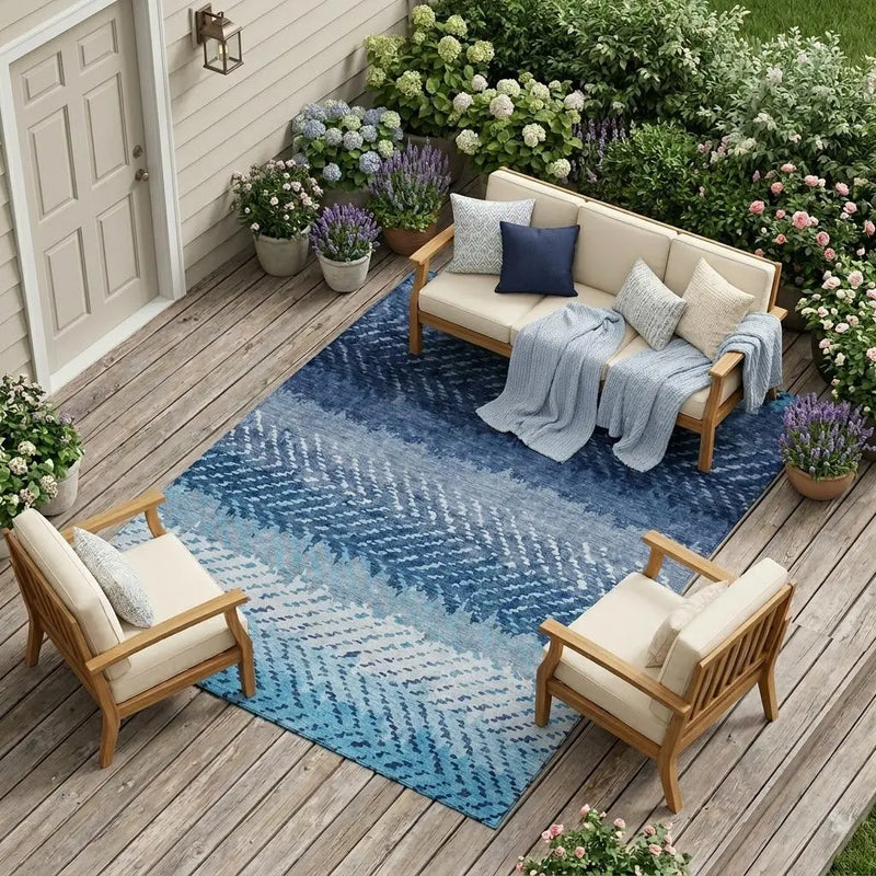8' X 10' Blue And Teal Blue Striped Washable Indoor Outdoor Area Rug Homeroots Outdoor