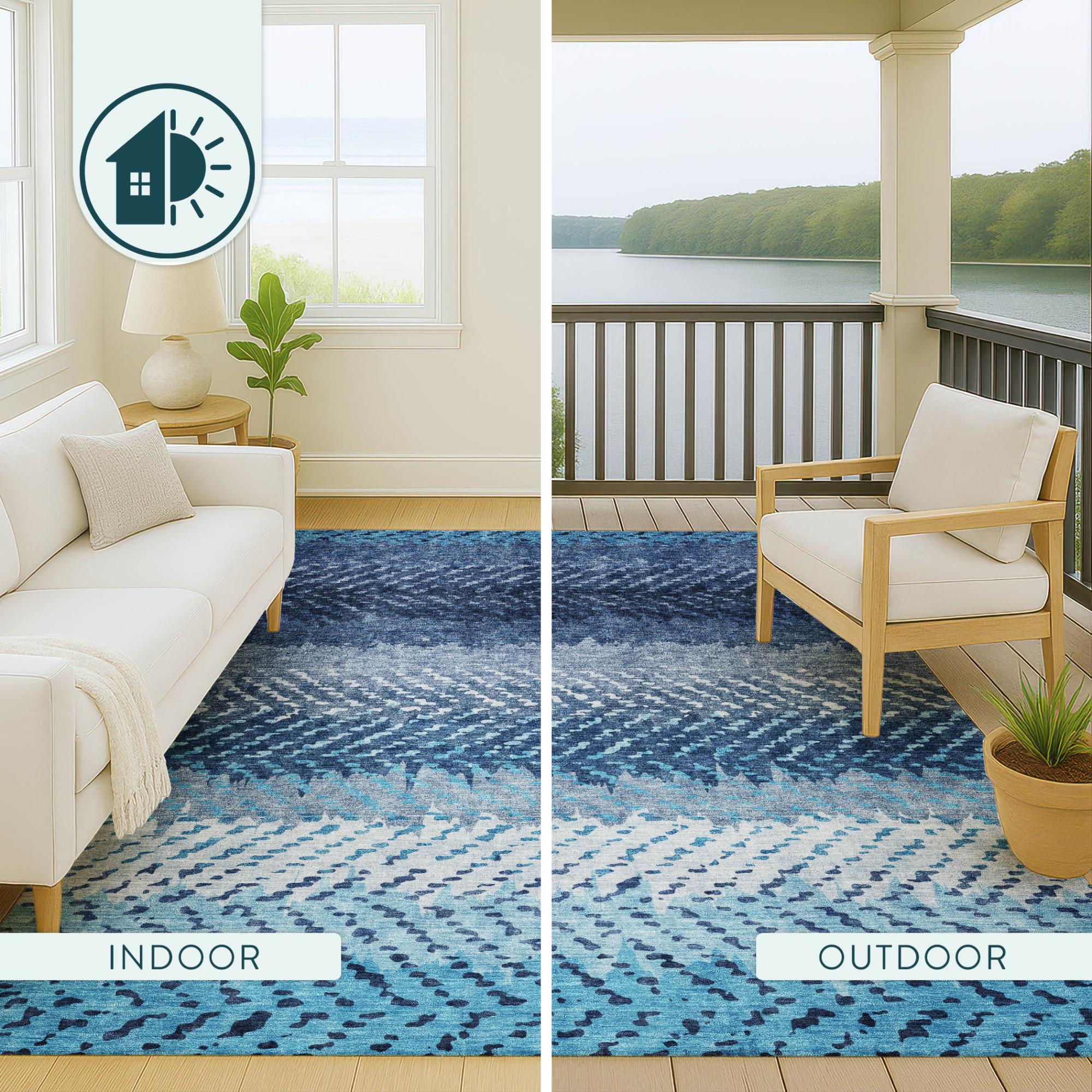 8' X 10' Blue And Teal Blue Striped Washable Indoor Outdoor Area Rug Homeroots Outdoor
