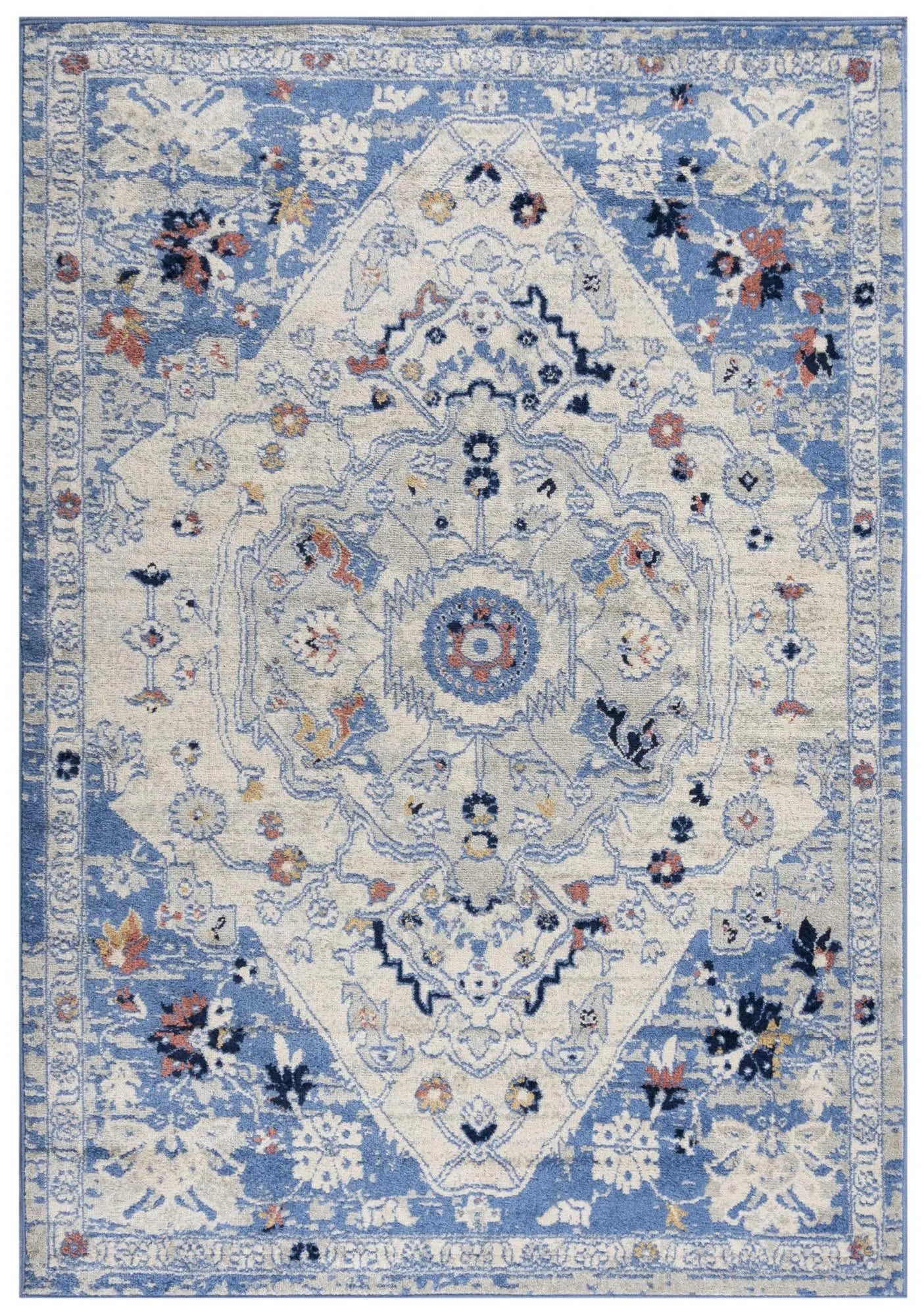 8' X 10' Blue Dark Blue Orange Yellow Black And Ivory Medallion Area Rug Homeroots Home Decor