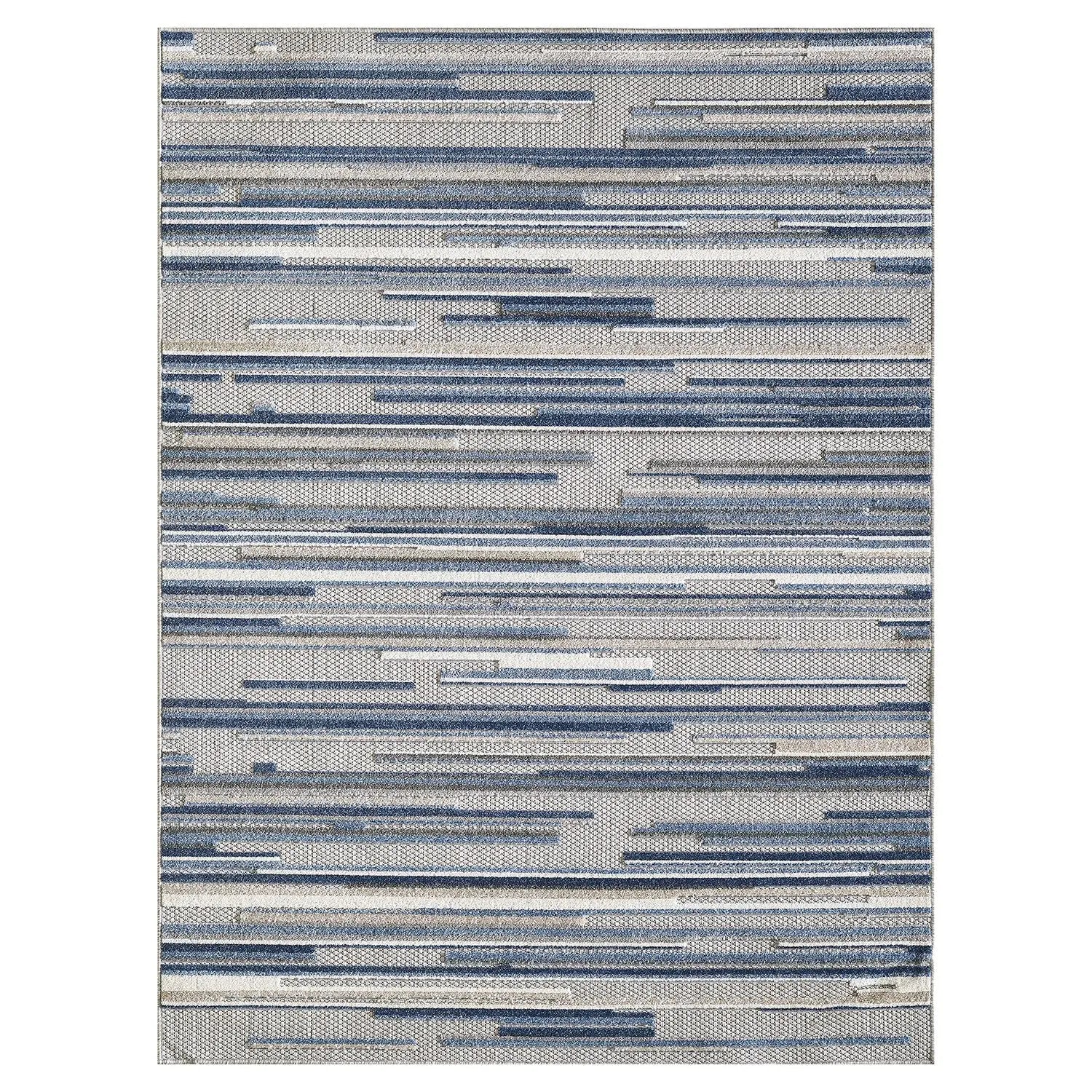 8' X 10' Blue Gray And Ivory Striped Indoor Outdoor Area Rug Homeroots Outdoor