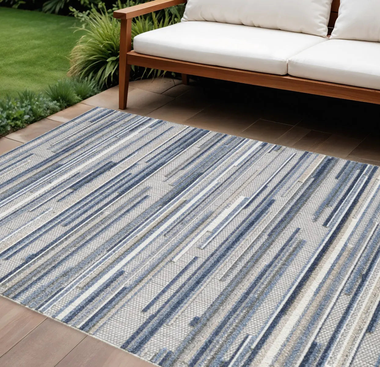 8' X 10' Blue Gray And Ivory Striped Indoor Outdoor Area Rug Homeroots Outdoor