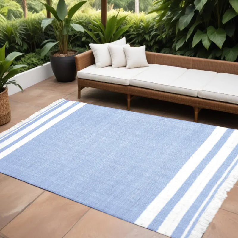 8' X 10' Blue Striped Handmade Stain Resistant Non Skid Indoor Outdoor Area Rug Homeroots Outdoor