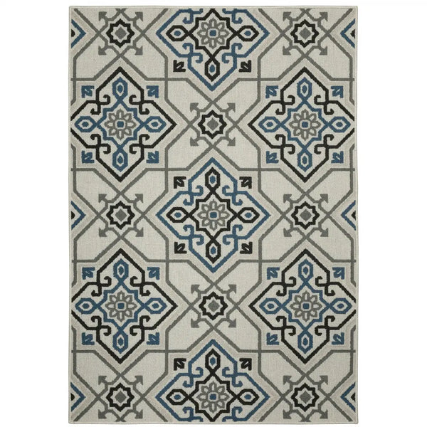 8' X 10' Blue and Beige Oriental Stain Resistant Indoor Outdoor Area Rug Homeroots Outdoor