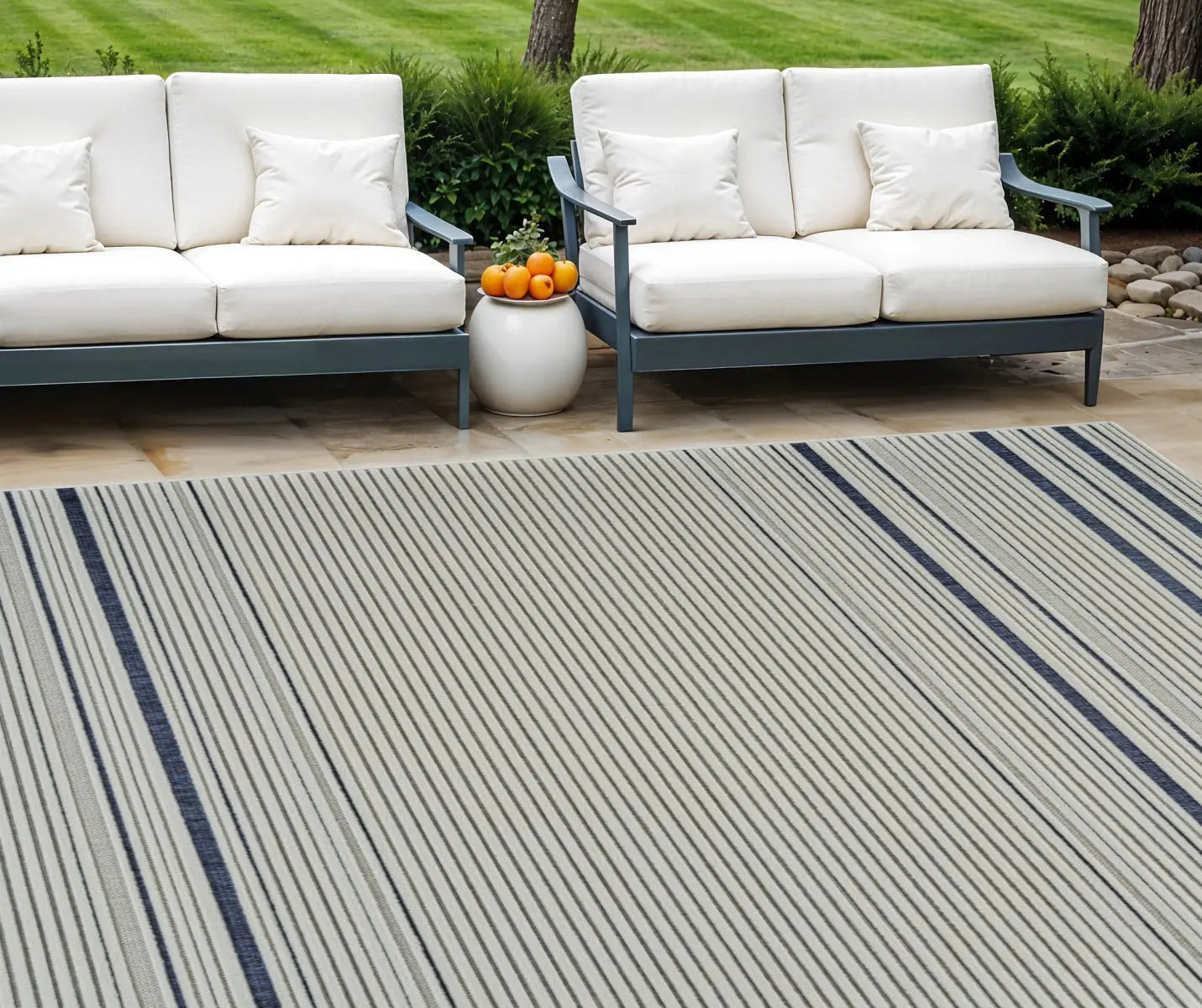 8' X 10' Blue and Cream Striped Distressed Indoor Outdoor Area Rug Homeroots Outdoor