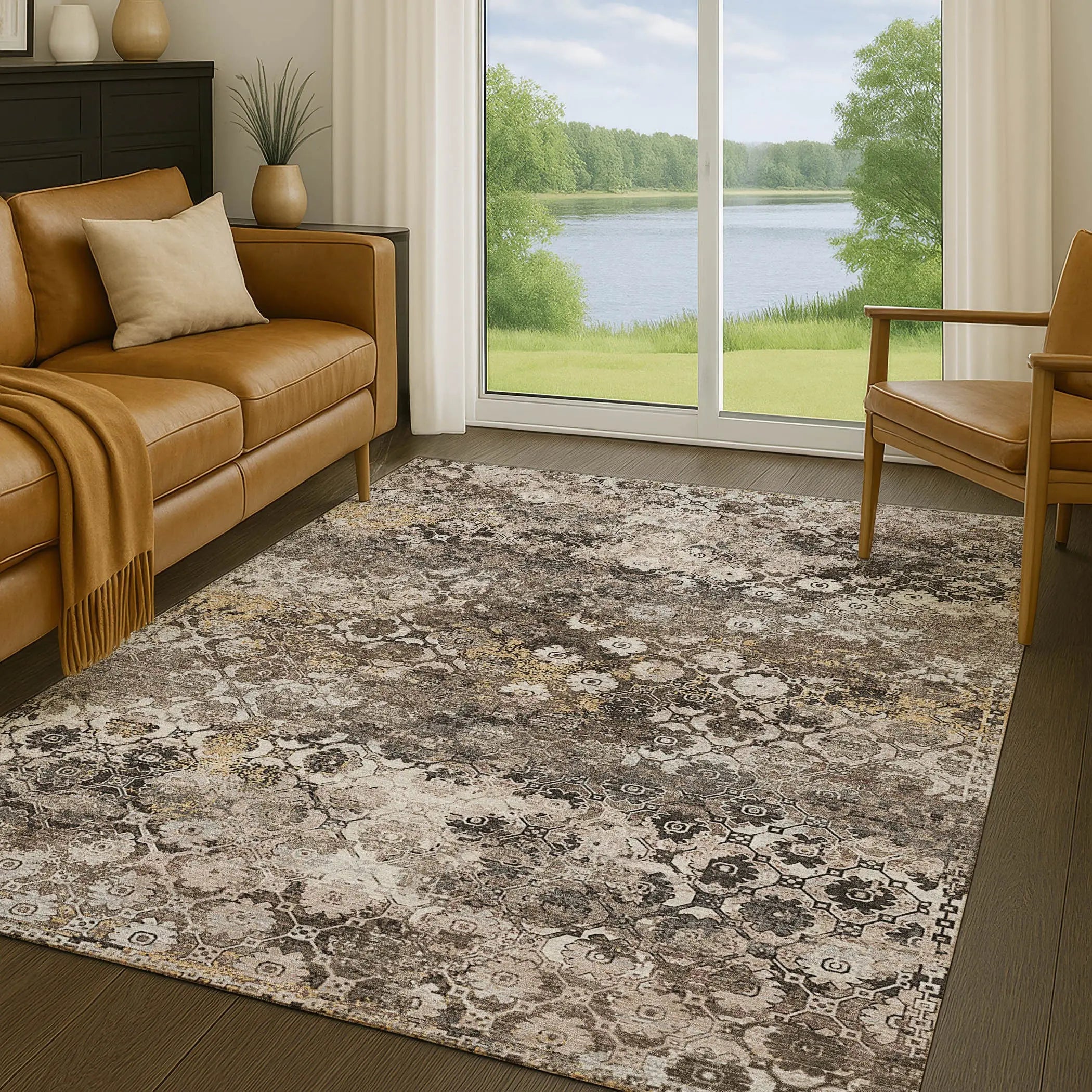 8' X 10' Brown And Beige Abstract Washable Indoor Outdoor Area Rug Homeroots Outdoor