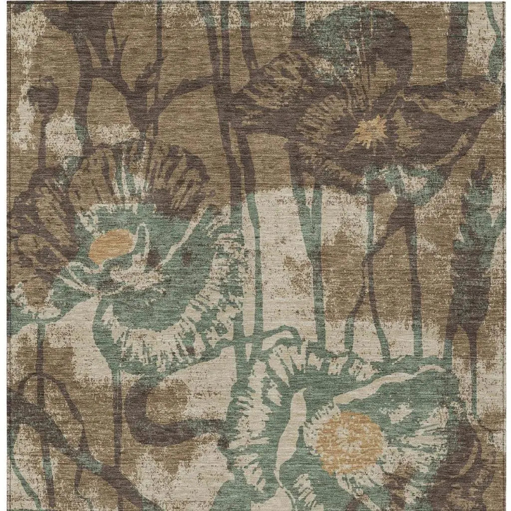 8' X 10' Brown And Beige Floral Washable Indoor Outdoor Area Rug Homeroots Outdoor