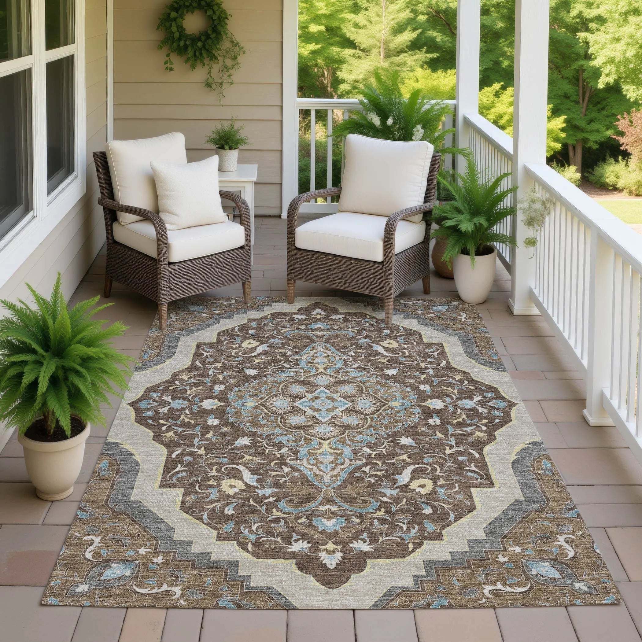 8' X 10' Brown And Beige Medallion Washable Indoor Outdoor Area Rug Homeroots Outdoor