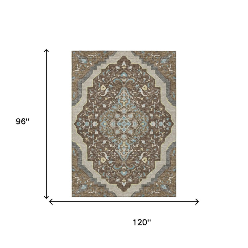 8' X 10' Brown And Beige Medallion Washable Indoor Outdoor Area Rug Homeroots Outdoor