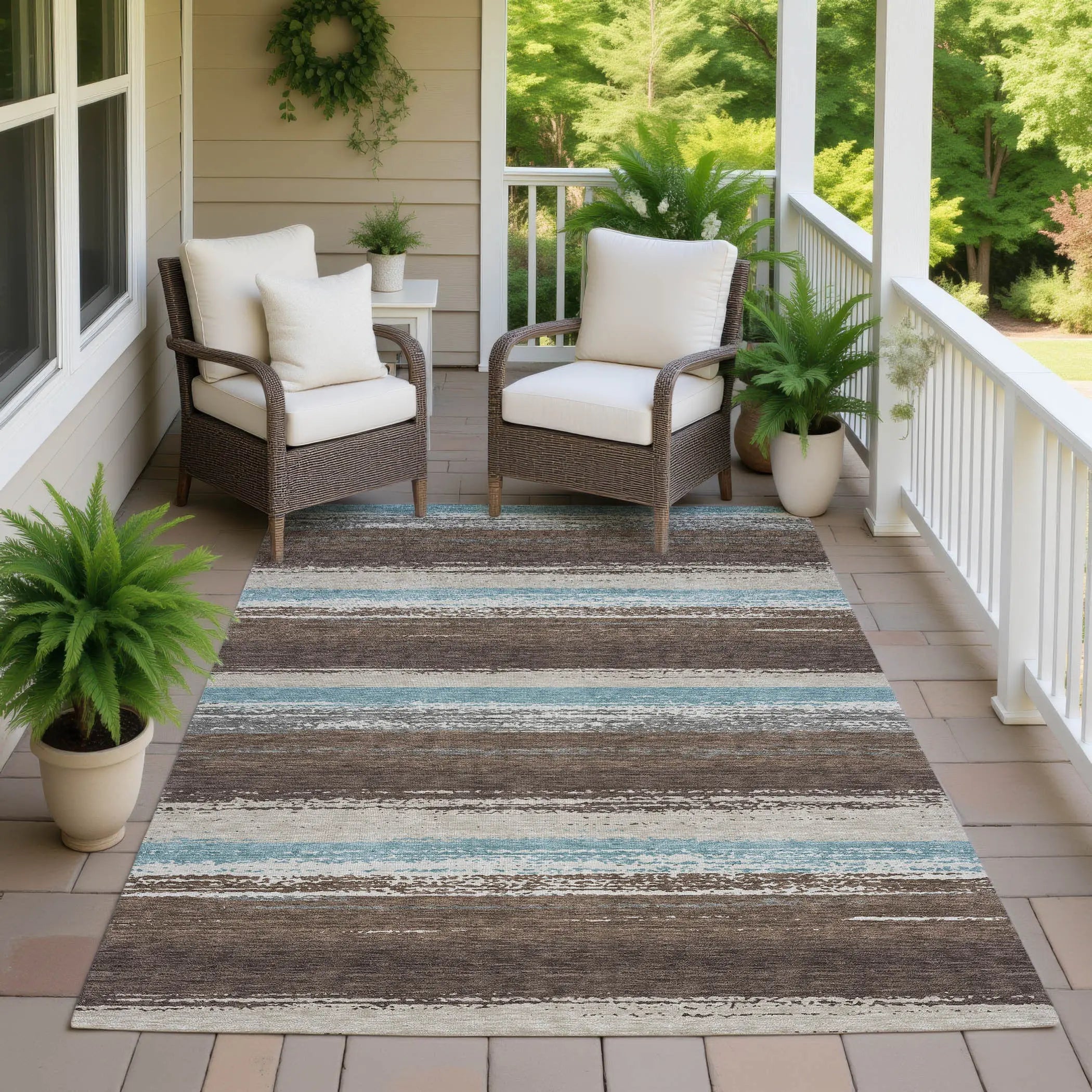 8' X 10' Brown And Beige Striped Washable Indoor Outdoor Area Rug Homeroots Outdoor