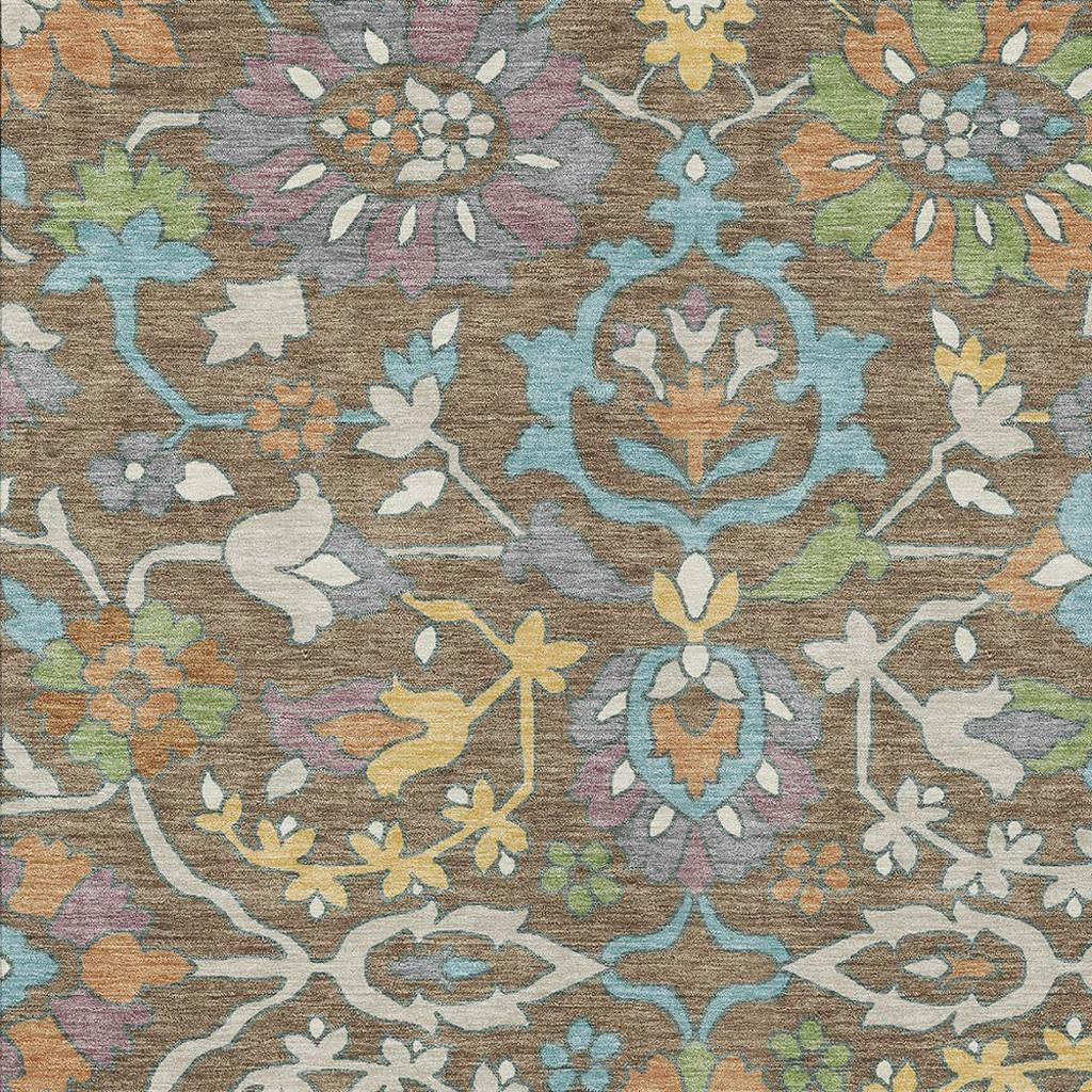 8' X 10' Brown And Copper Floral Washable Indoor Outdoor Area Rug Homeroots Outdoor
