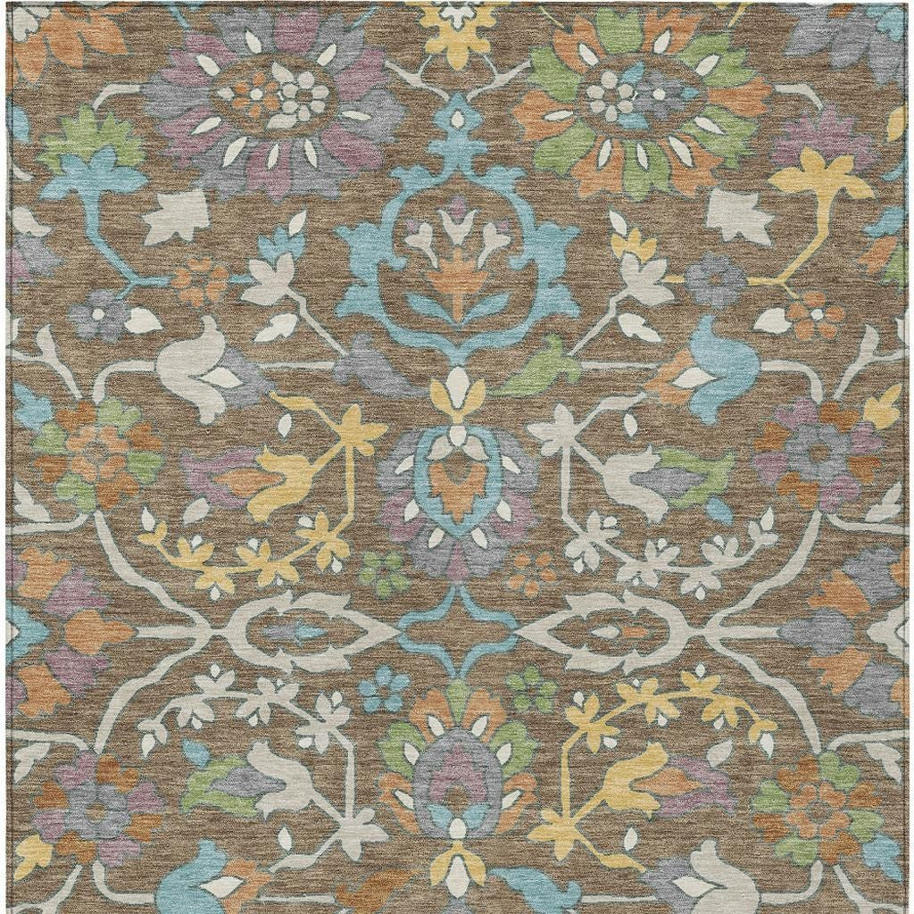 8' X 10' Brown And Copper Floral Washable Indoor Outdoor Area Rug Homeroots Outdoor