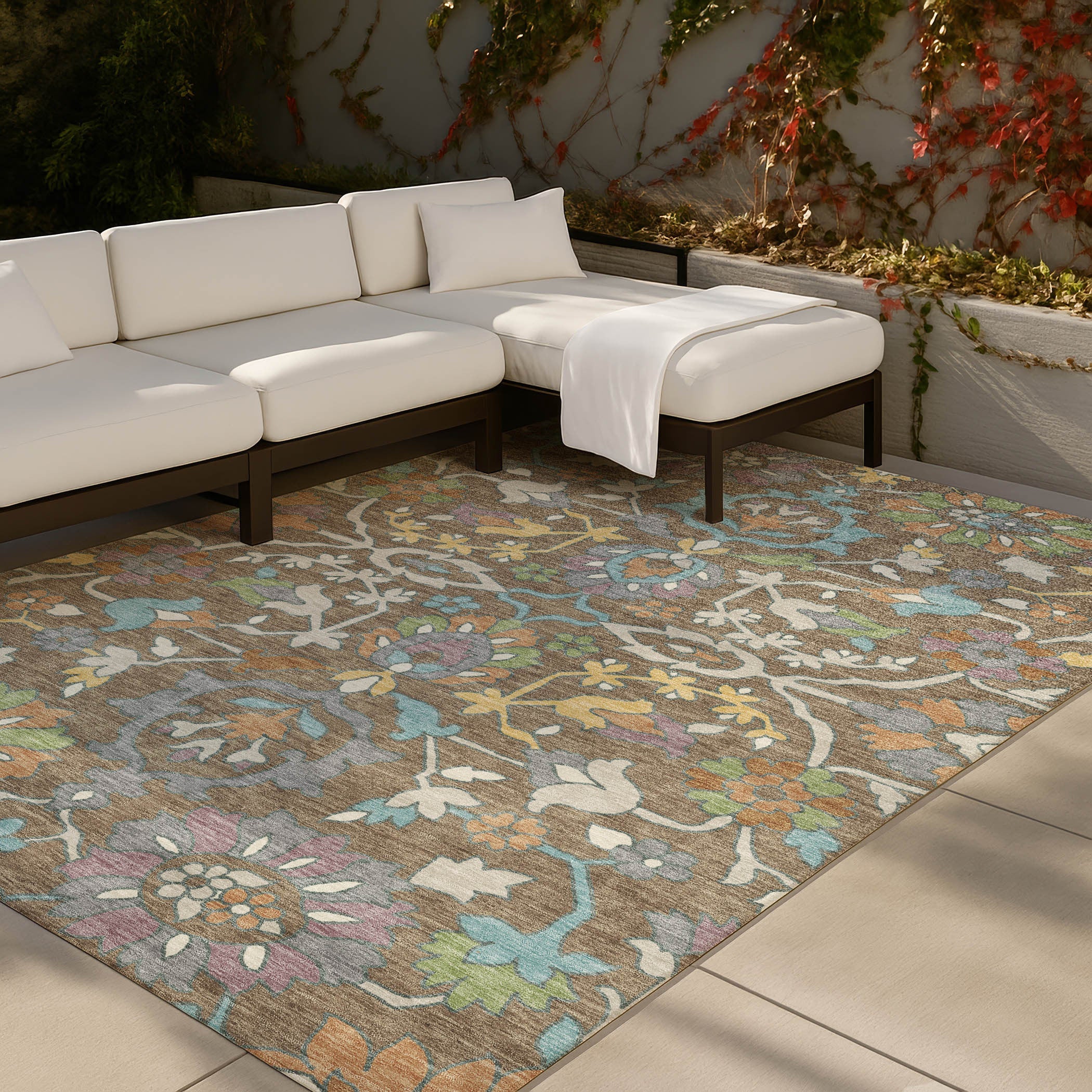 8' X 10' Brown And Copper Floral Washable Indoor Outdoor Area Rug Homeroots Outdoor