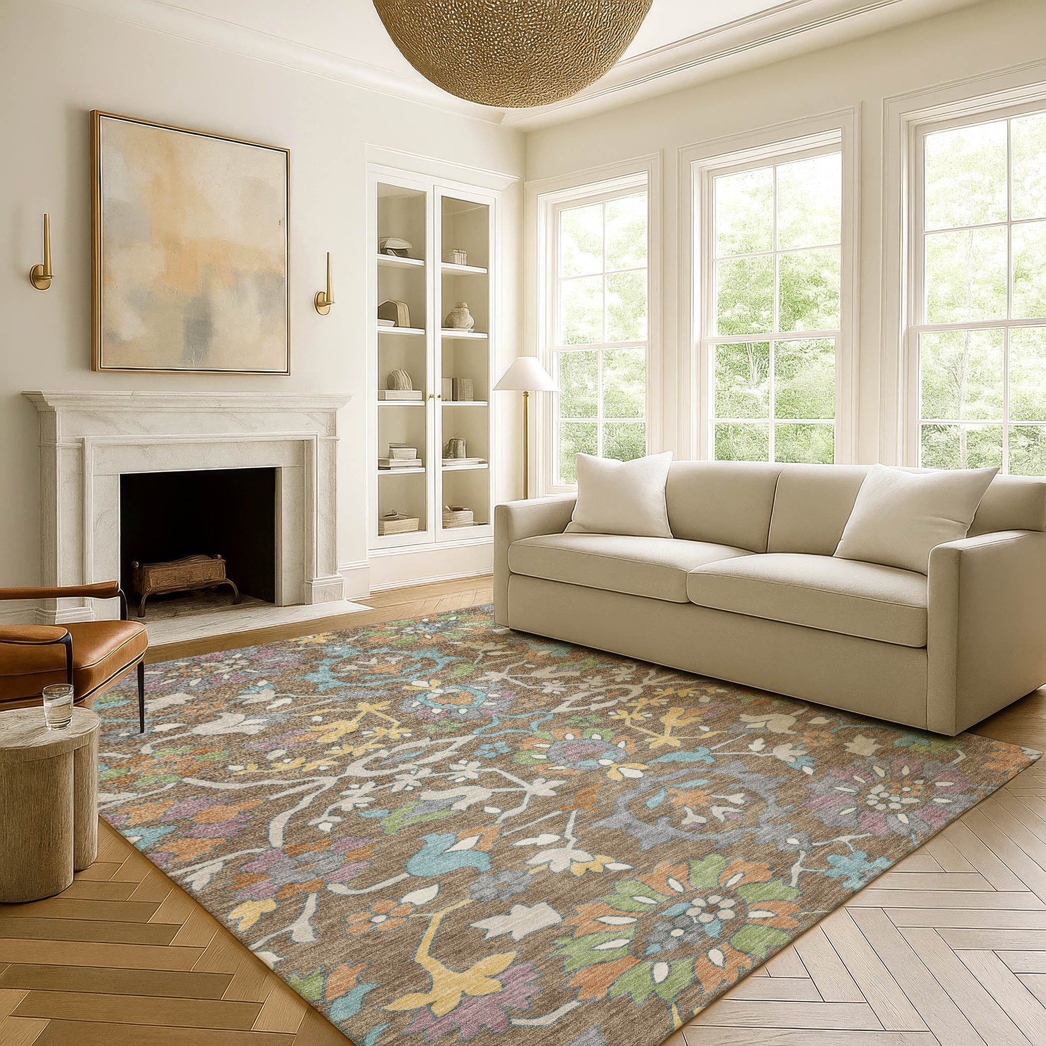 8' X 10' Brown And Copper Floral Washable Indoor Outdoor Area Rug Homeroots Outdoor