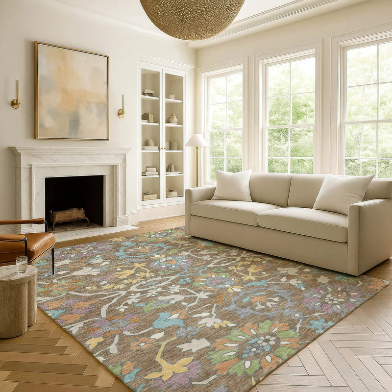 8' X 10' Brown And Copper Floral Washable Indoor Outdoor Area Rug Homeroots Outdoor