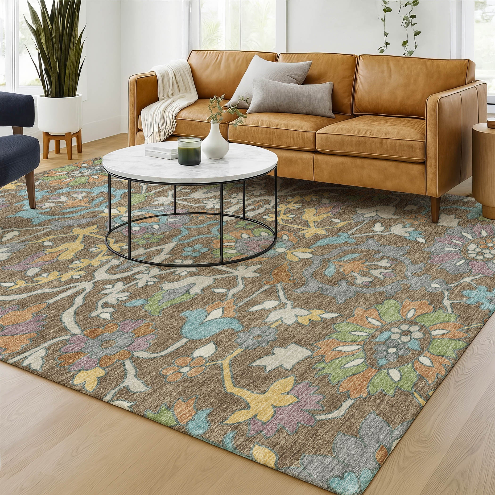 8' X 10' Brown And Copper Floral Washable Indoor Outdoor Area Rug Homeroots Outdoor