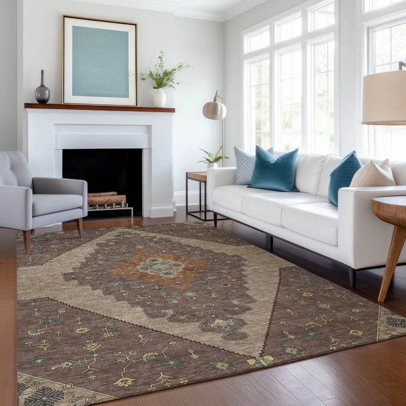 8' X 10' Brown And Gold Geometric Washable Indoor Outdoor Area Rug Homeroots Outdoor