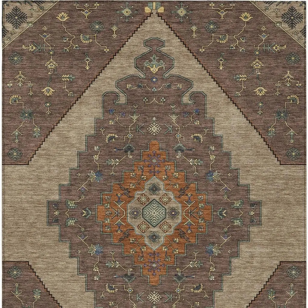 8' X 10' Brown And Gold Geometric Washable Indoor Outdoor Area Rug Homeroots Outdoor