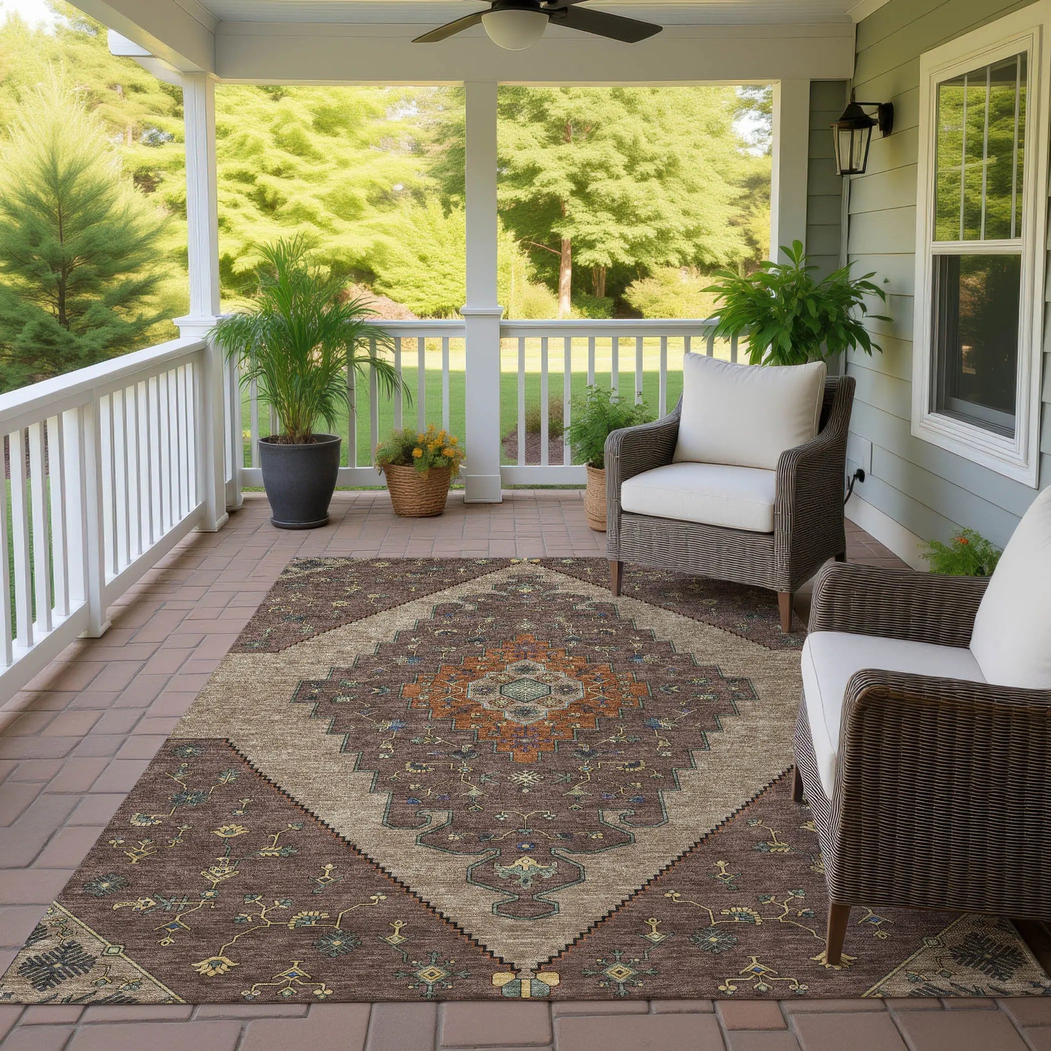 8' X 10' Brown And Gold Geometric Washable Indoor Outdoor Area Rug Homeroots Outdoor
