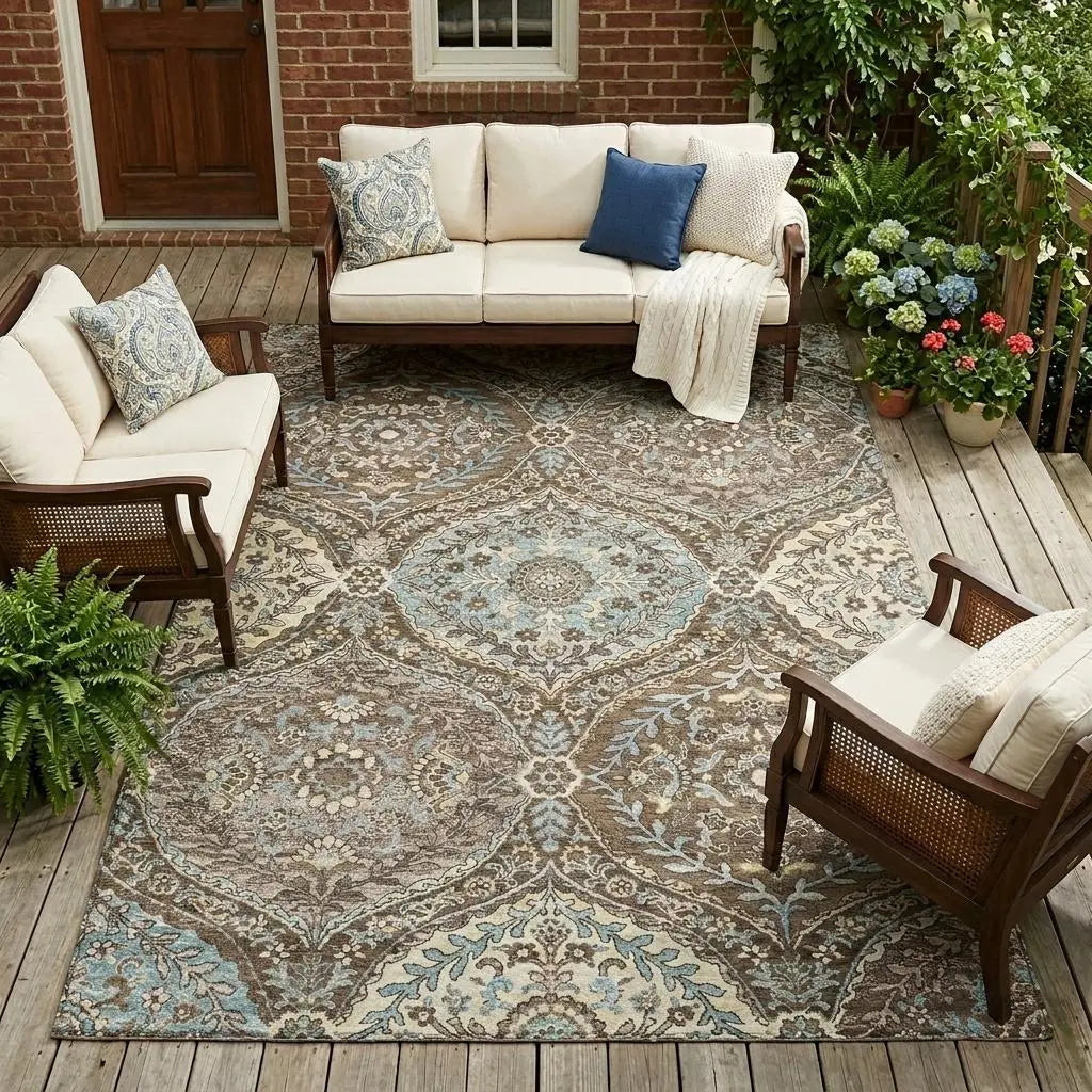 8' X 10' Brown And Graphite Ogee Washable Indoor Outdoor Area Rug Homeroots Outdoor