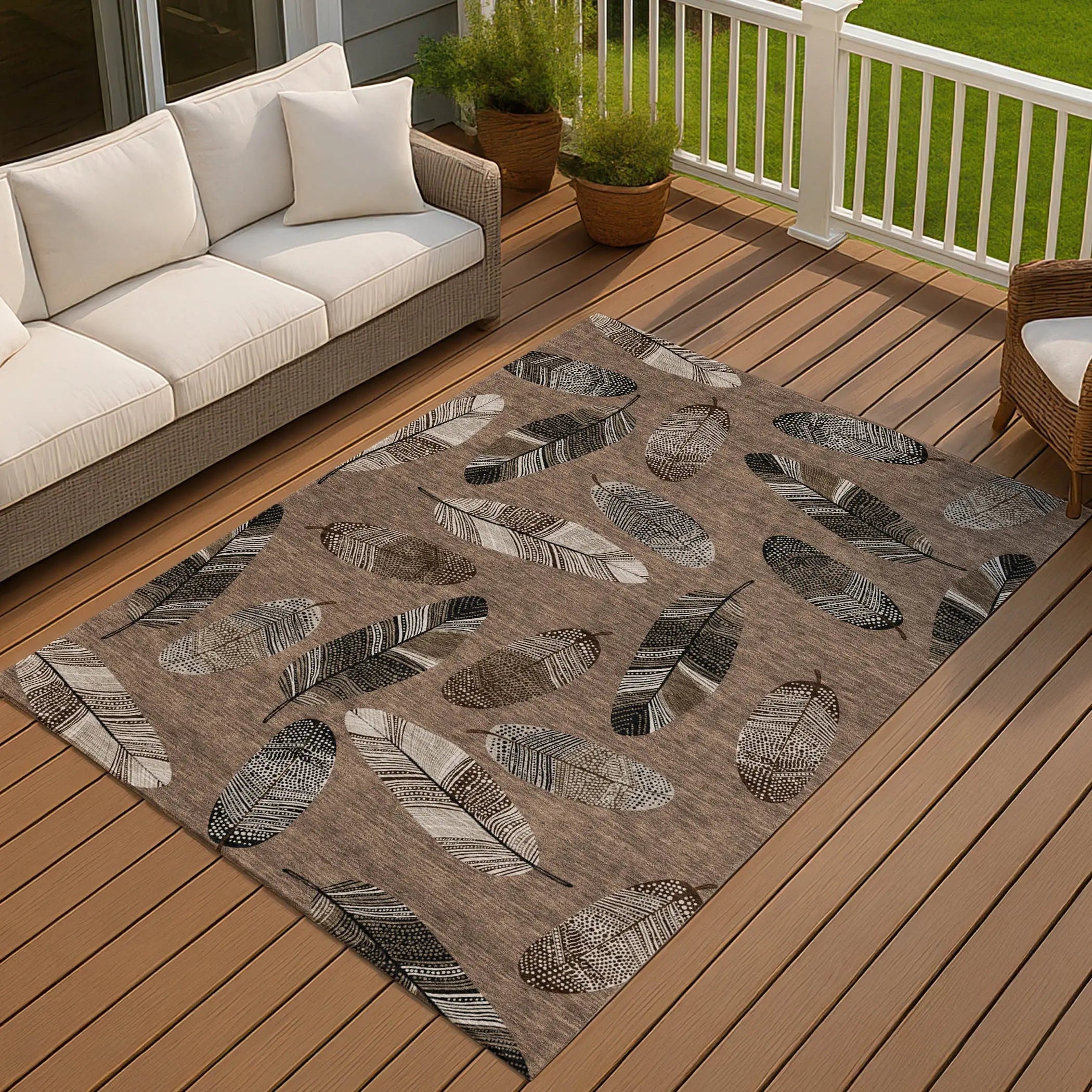 8' X 10' Brown And Ivory Botanical Leaves Washable Indoor Outdoor Area Rug Homeroots Outdoor