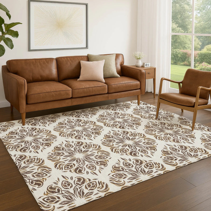 8' X 10' Brown And Ivory Damask Washable Indoor Outdoor Area Rug Homeroots Outdoor