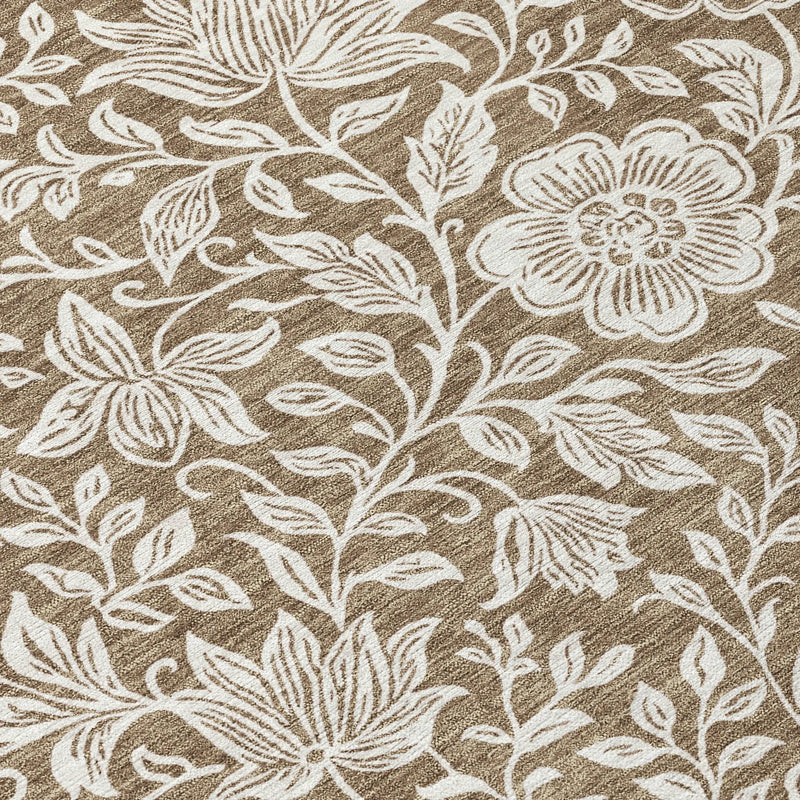 Brown floral area rug with white embroidered flowers, featuring a modern botanical design. Perfect for contemporary decor.