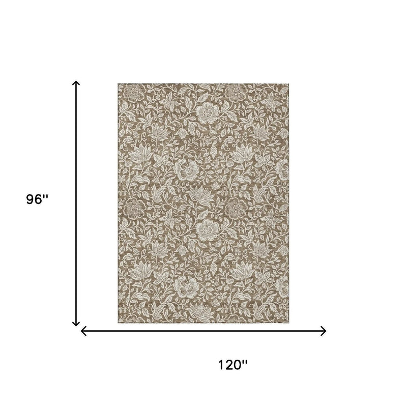 Floral patterned taupe tablecloth, 120"x96", elegant fabric for dining or events.