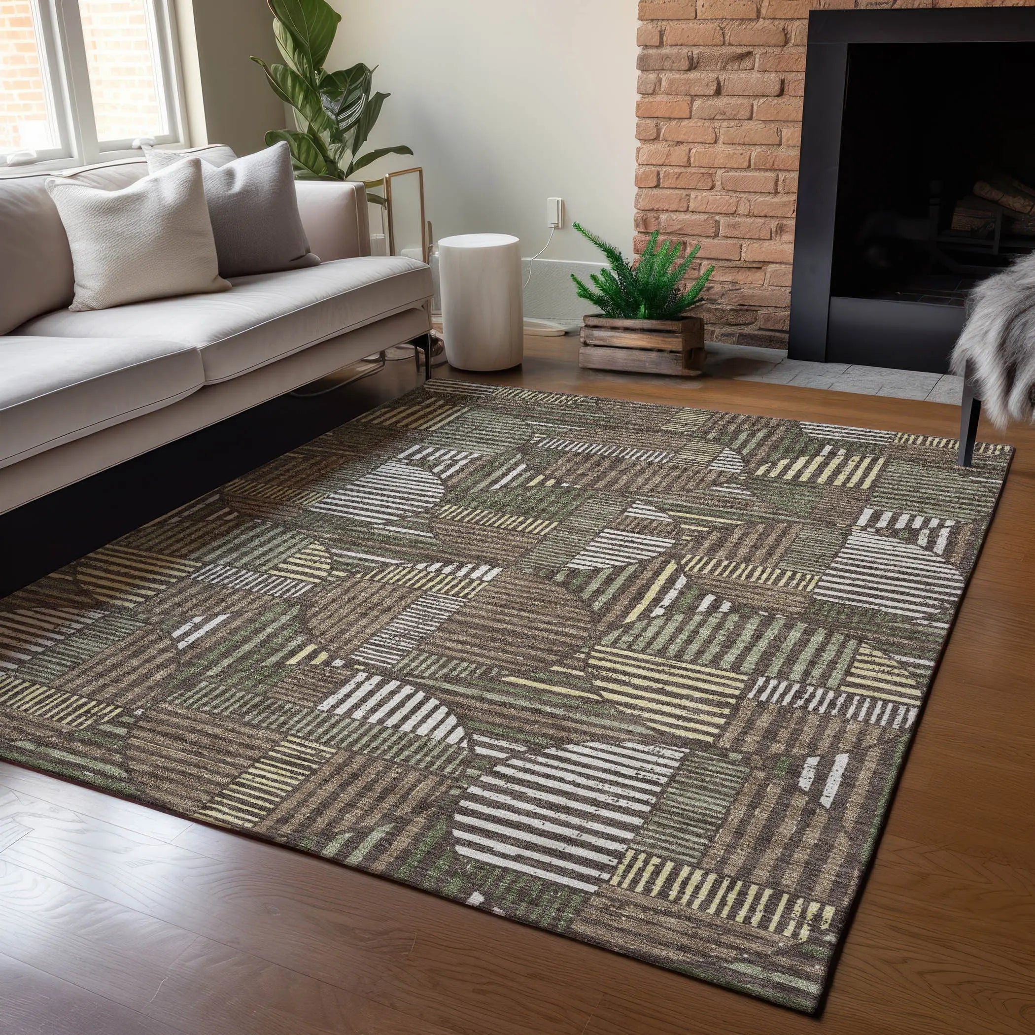 8' X 10' Brown And Linen Geometric Washable Indoor Outdoor Area Rug Homeroots Outdoor