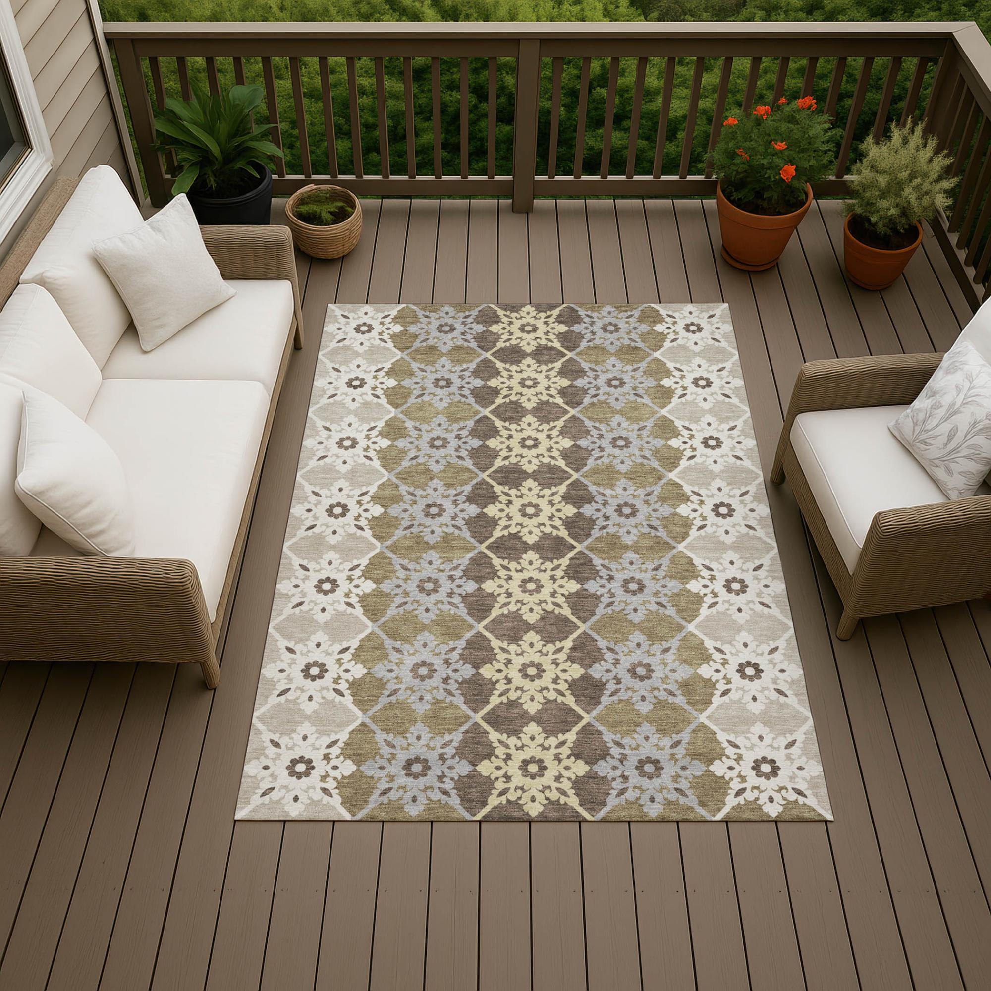 8' X 10' Brown And Pewter Floral Medallion Washable Indoor Outdoor Area Rug Homeroots Outdoor