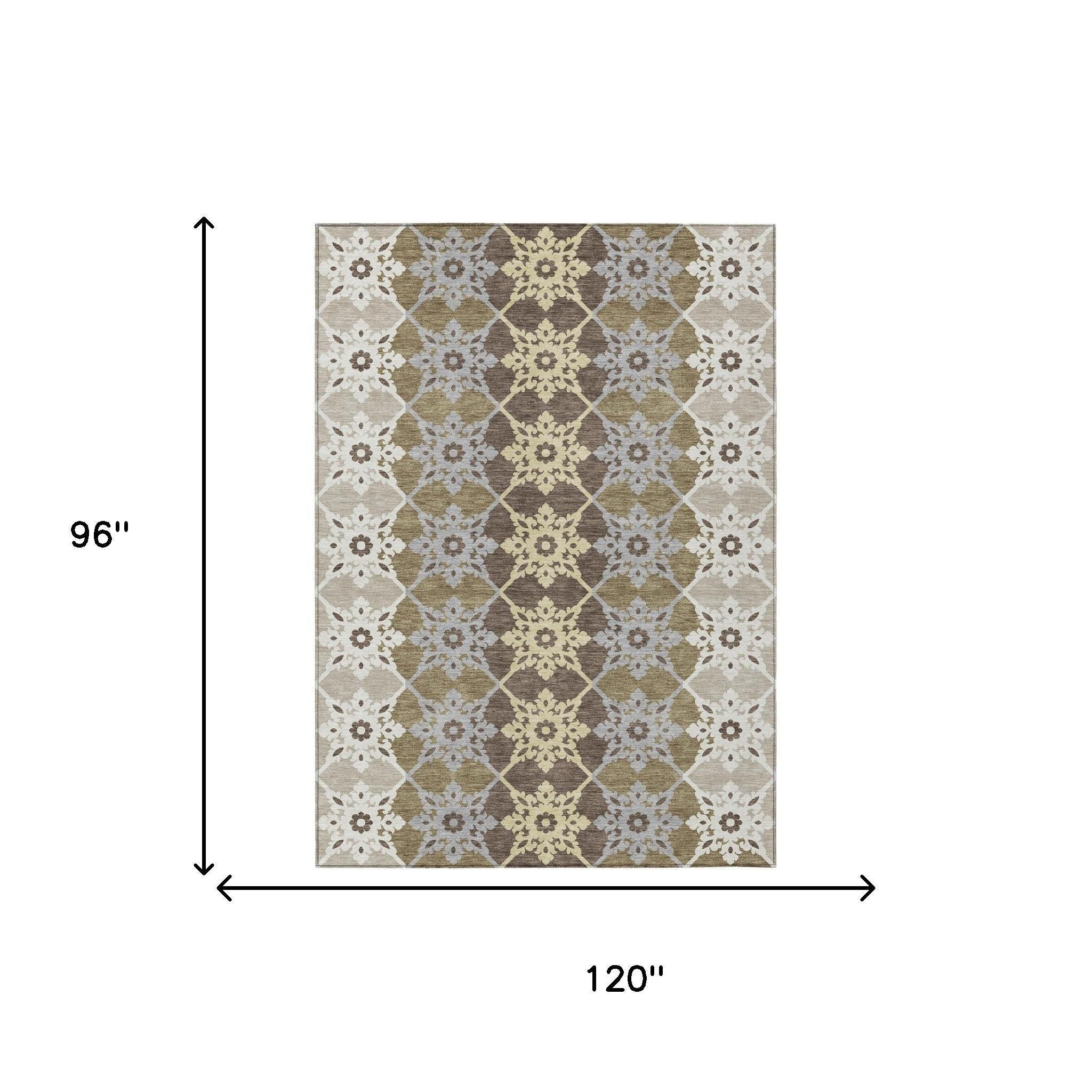 8' X 10' Brown And Pewter Floral Medallion Washable Indoor Outdoor Area Rug Homeroots Outdoor