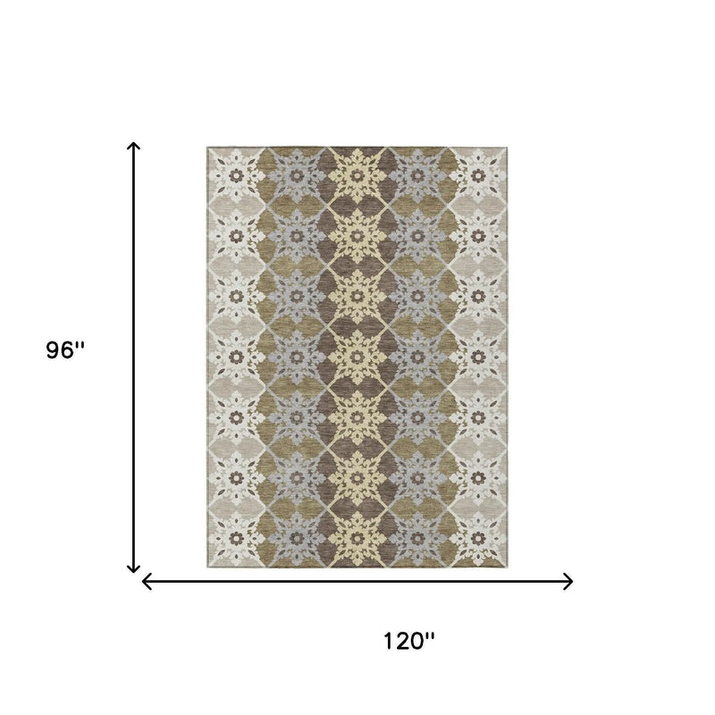 8' X 10' Brown And Pewter Floral Medallion Washable Indoor Outdoor Area Rug Homeroots Outdoor